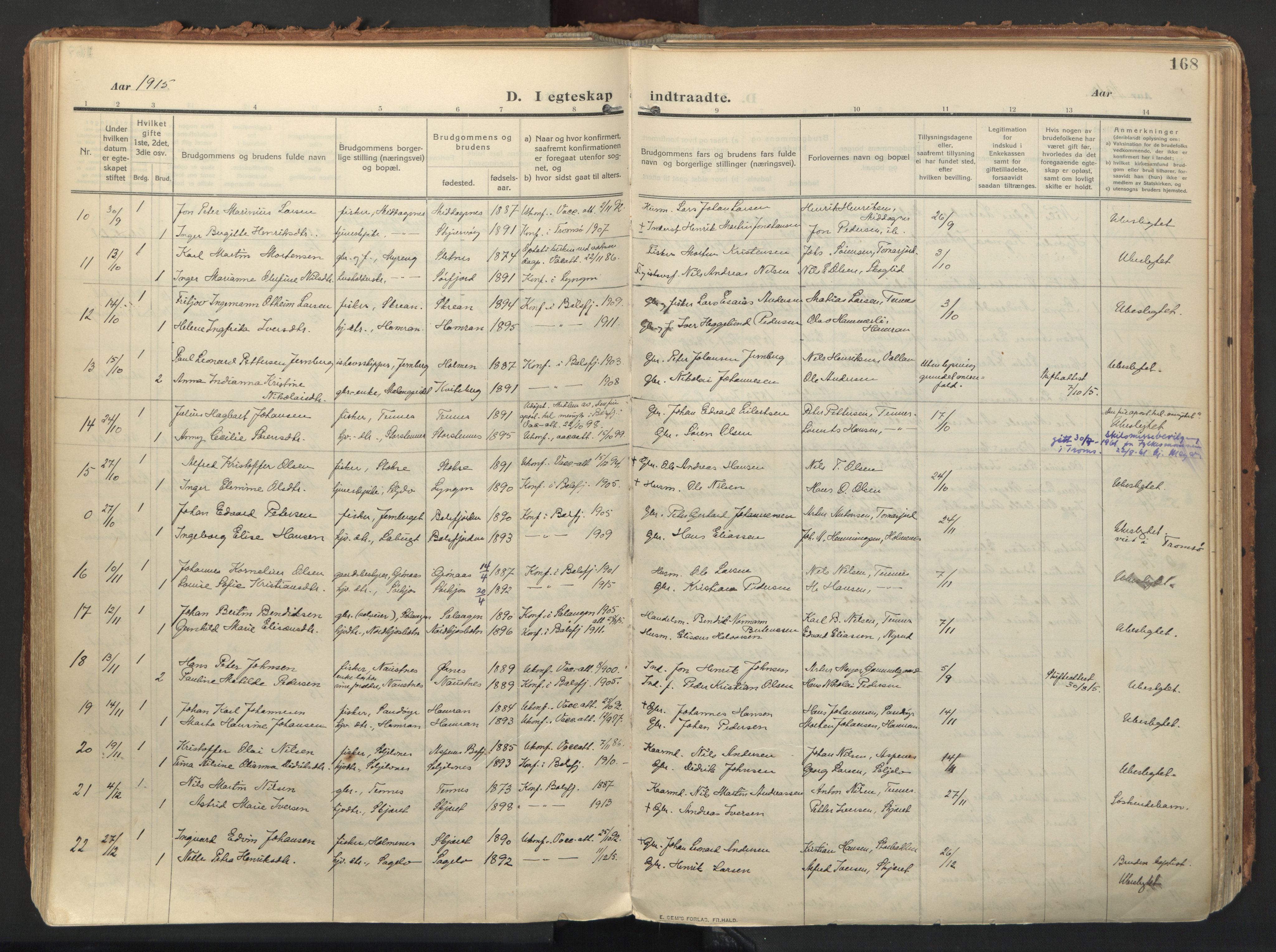 Balsfjord sokneprestembete, AV/SATØ-S-1303/G/Ga/L0009kirke: Parish register (official) no. 9, 1909-1921, p. 168