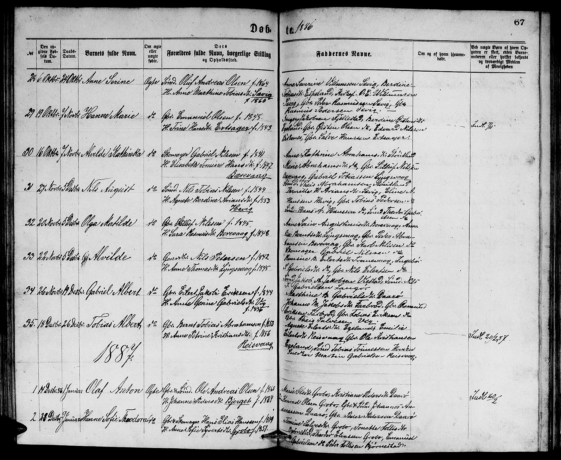 Herad sokneprestkontor, AV/SAK-1111-0018/F/Fb/Fbb/L0003: Parish register (copy) no. B 3, 1872-1889, p. 67