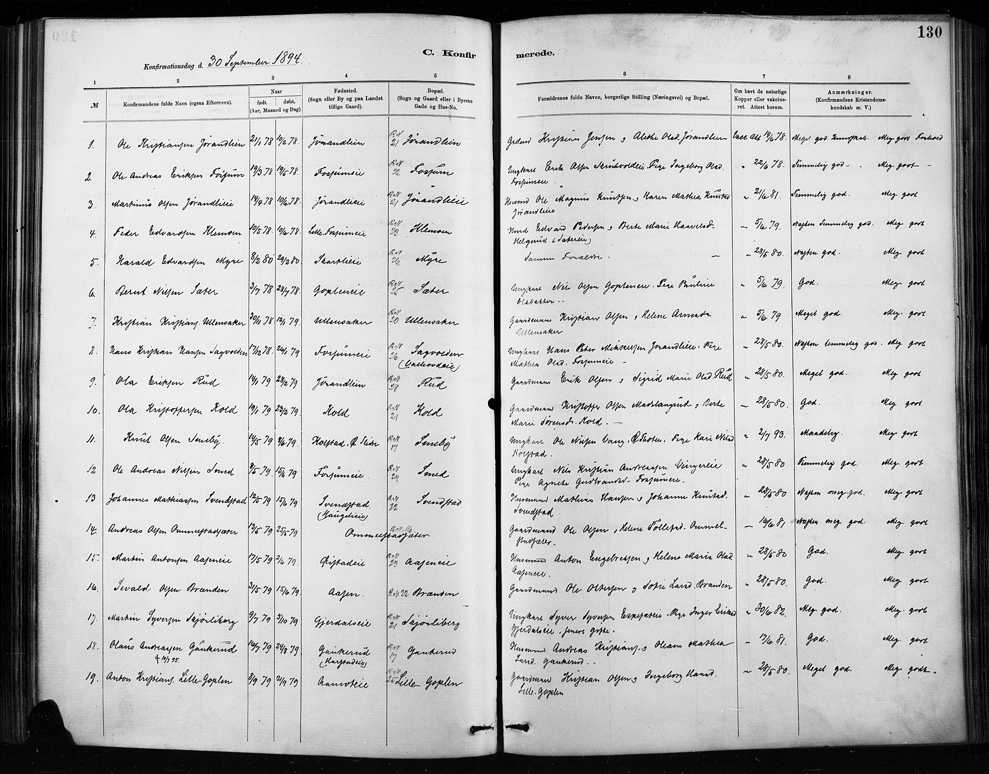 Nordre Land prestekontor, SAH/PREST-124/H/Ha/Haa/L0004: Parish register (official) no. 4, 1882-1896, p. 130