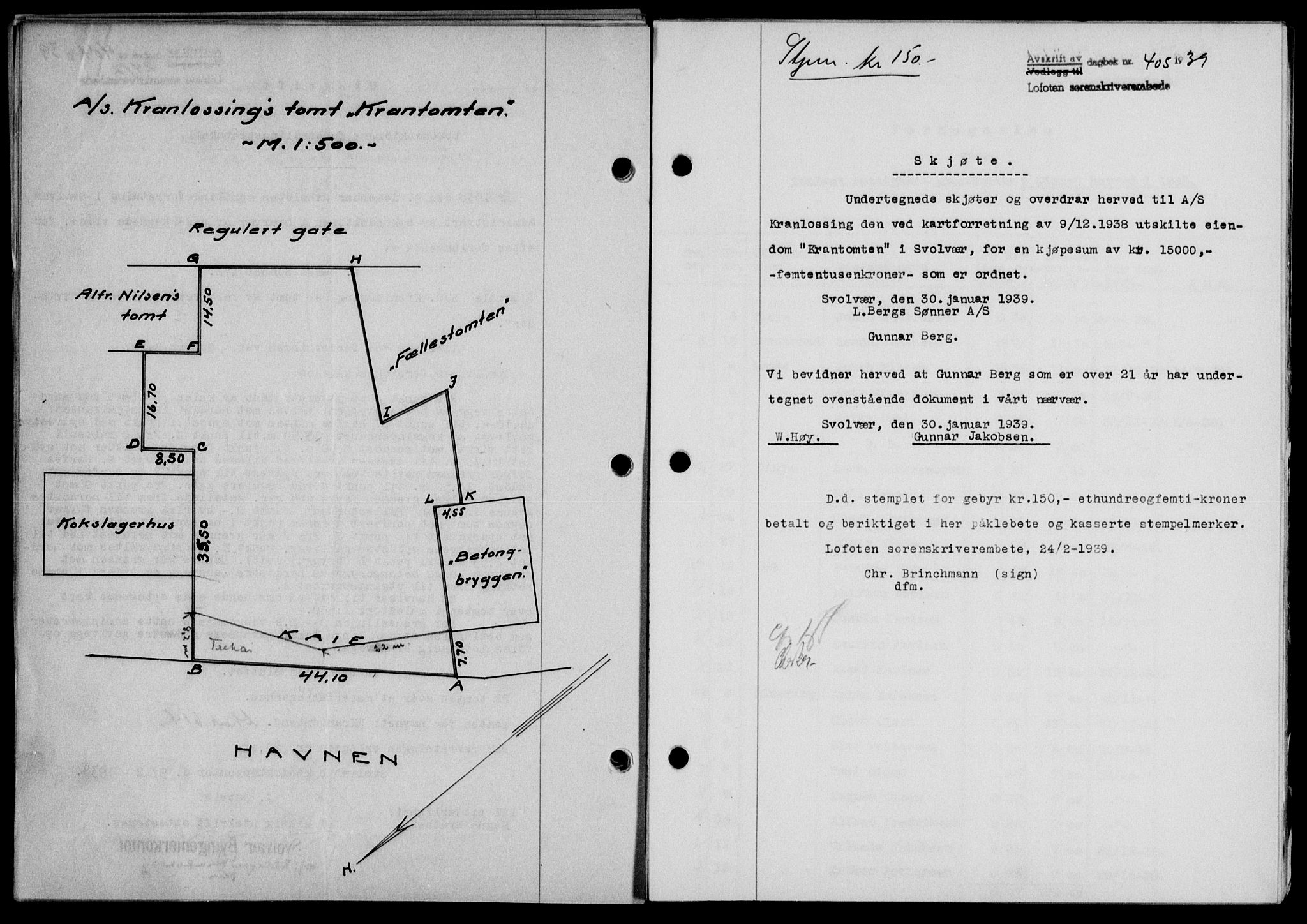 Lofoten sorenskriveri, SAT/A-0017/1/2/2C/L0005a: Mortgage book no. 5a, 1939-1939, Diary no: : 405/1939