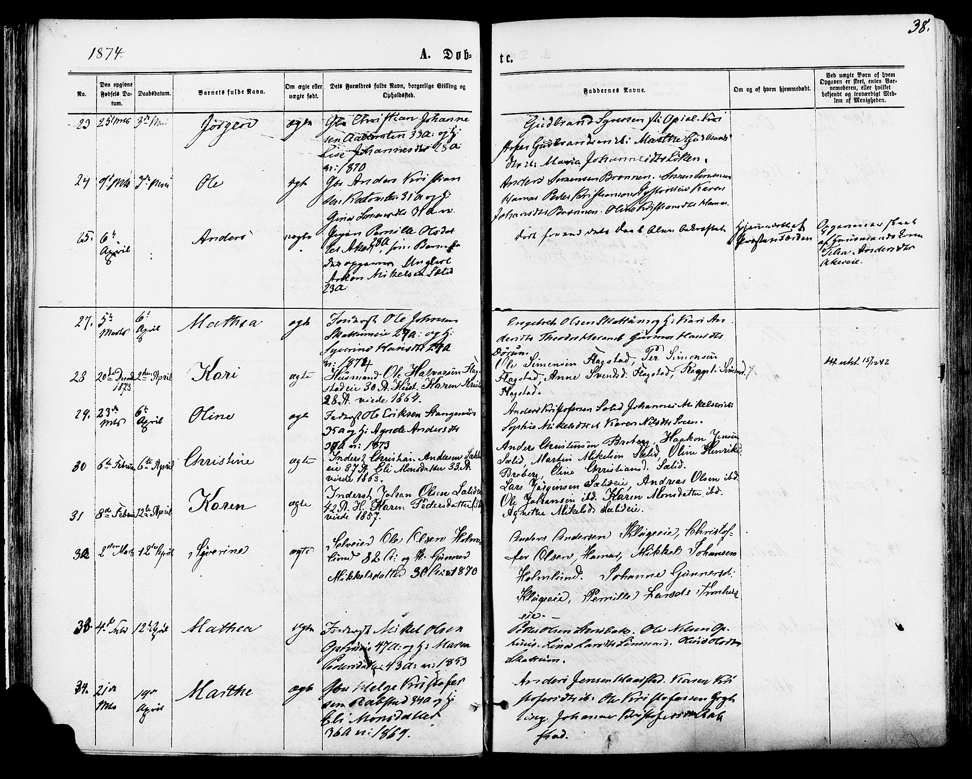 Vang prestekontor, Hedmark, AV/SAH-PREST-008/H/Ha/Haa/L0015: Parish register (official) no. 15, 1871-1885, p. 38