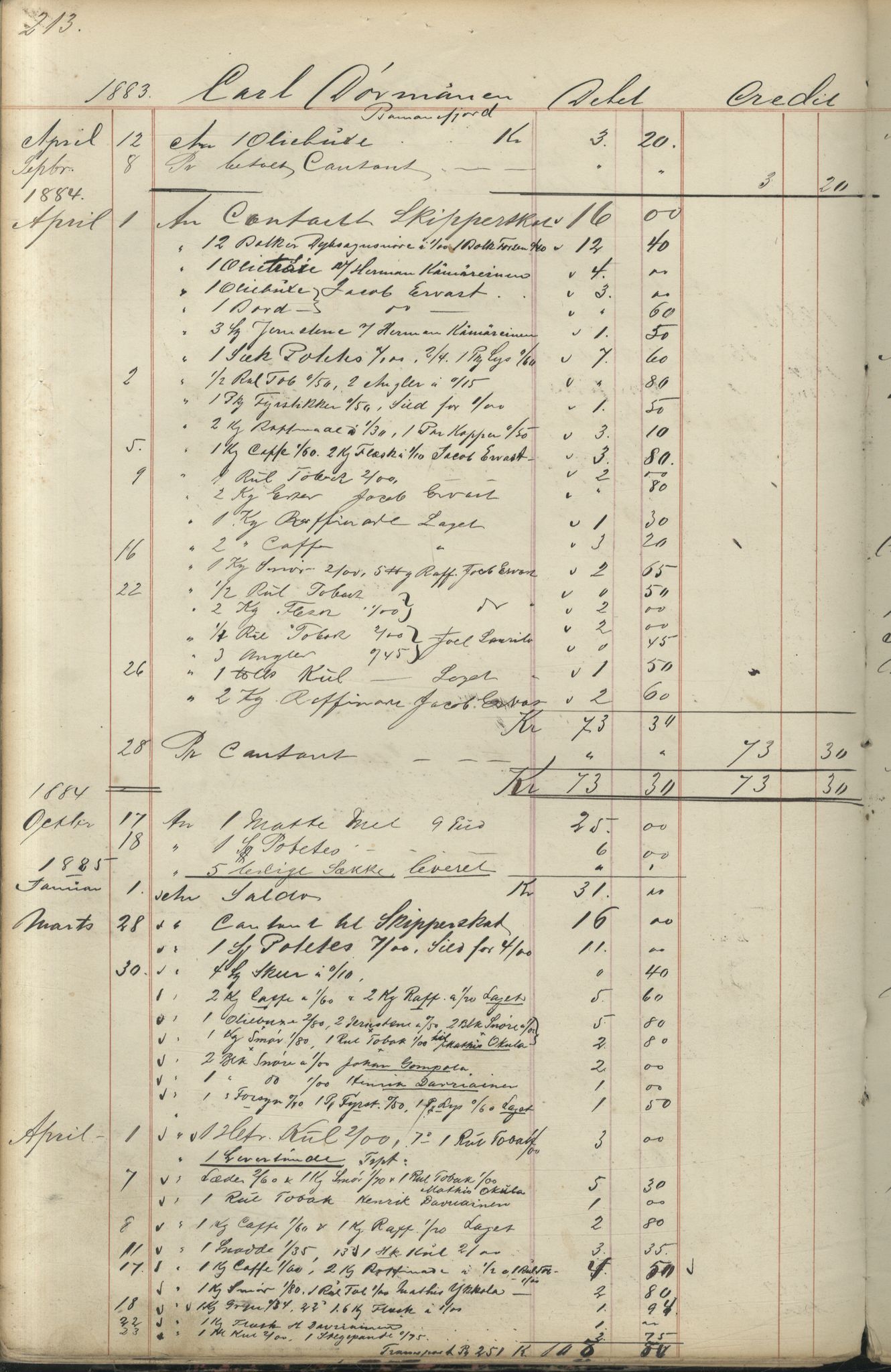 Brodtkorb handel A/S, VAMU/A-0001/F/Fc/L0001/0001: Konto for kvener og nordmenn på Kolahalvøya  / Conto for Kvæner og Nordmænd paa Russefinmarken No 1, 1868-1894, p. 213