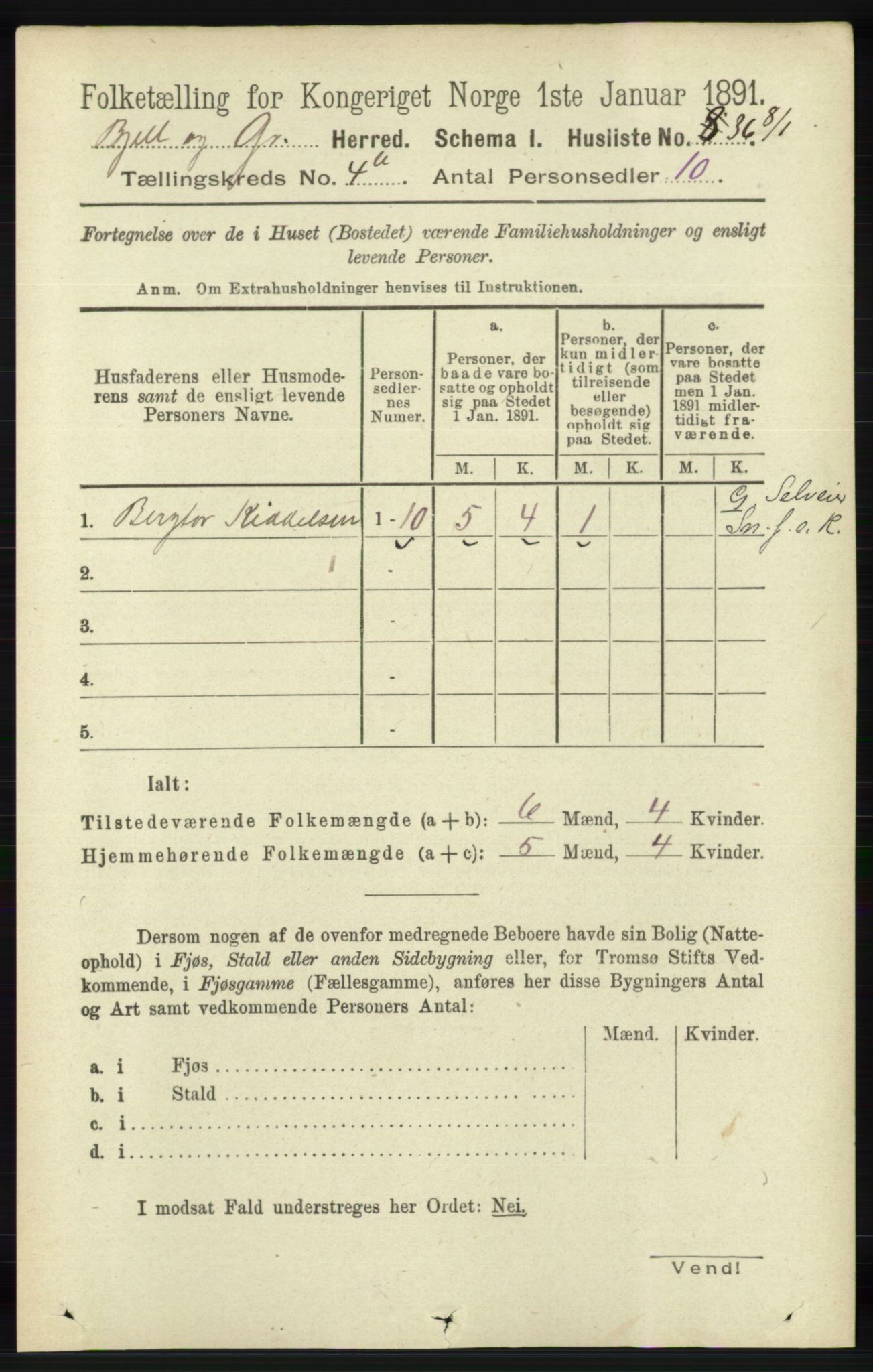 RA, 1891 census for 1024 Bjelland og Grindheim, 1891, p. 2063