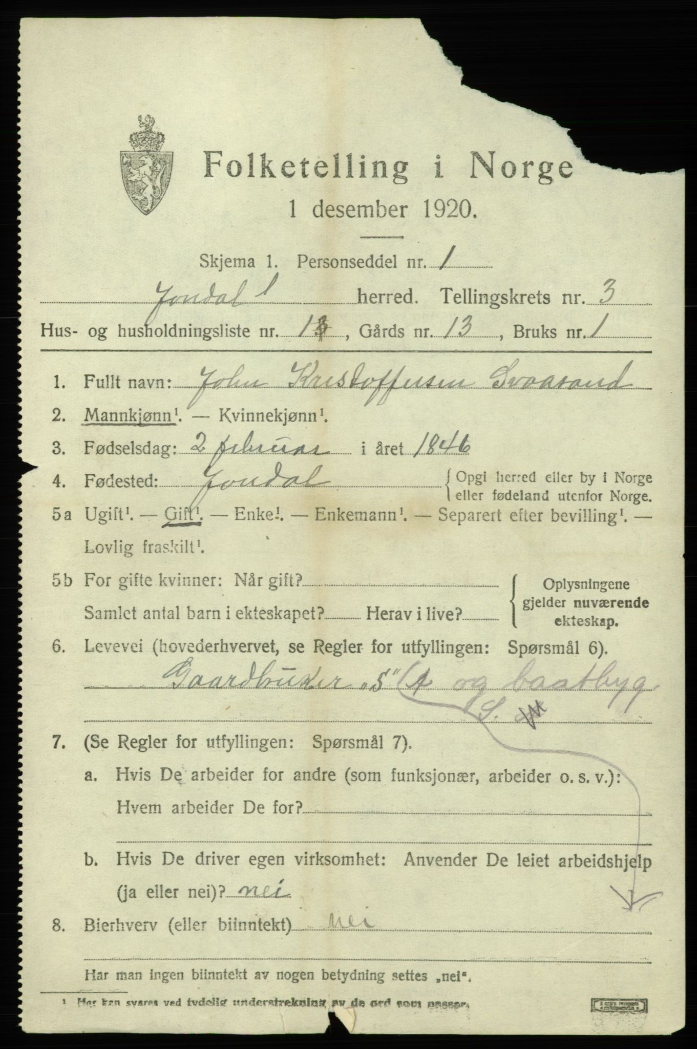 SAB, 1920 census for Jondal, 1920, p. 1746