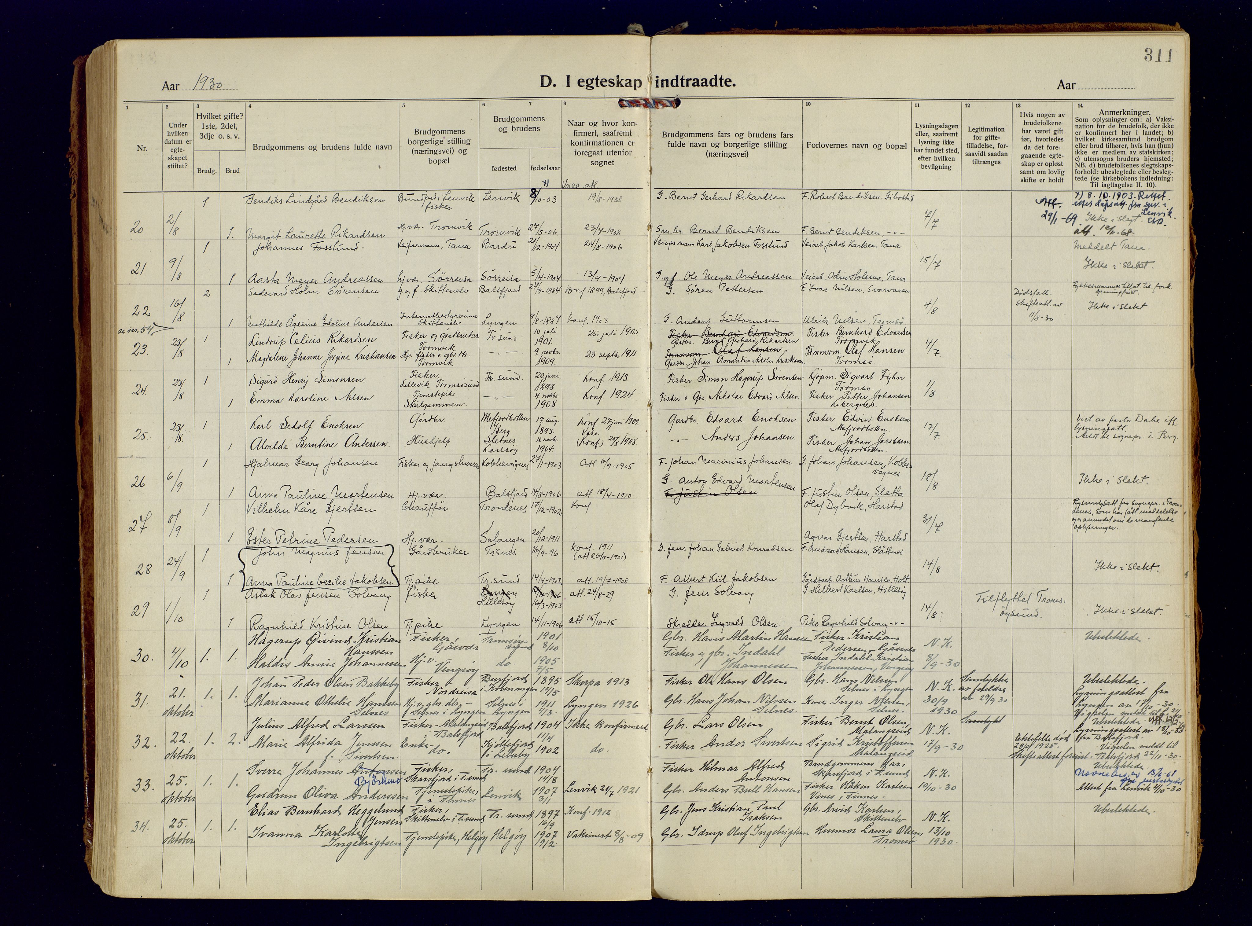 Tromsøysund sokneprestkontor, AV/SATØ-S-1304/G/Ga/L0009kirke: Parish register (official) no. 9, 1922-1934, p. 311