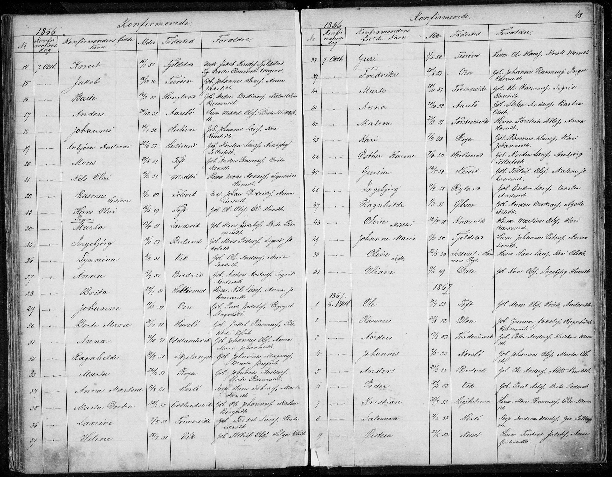 Herdla Sokneprestembete, SAB/A-75701/H/Haa: Parish register (official) no. A 1, 1855-1869, p. 48