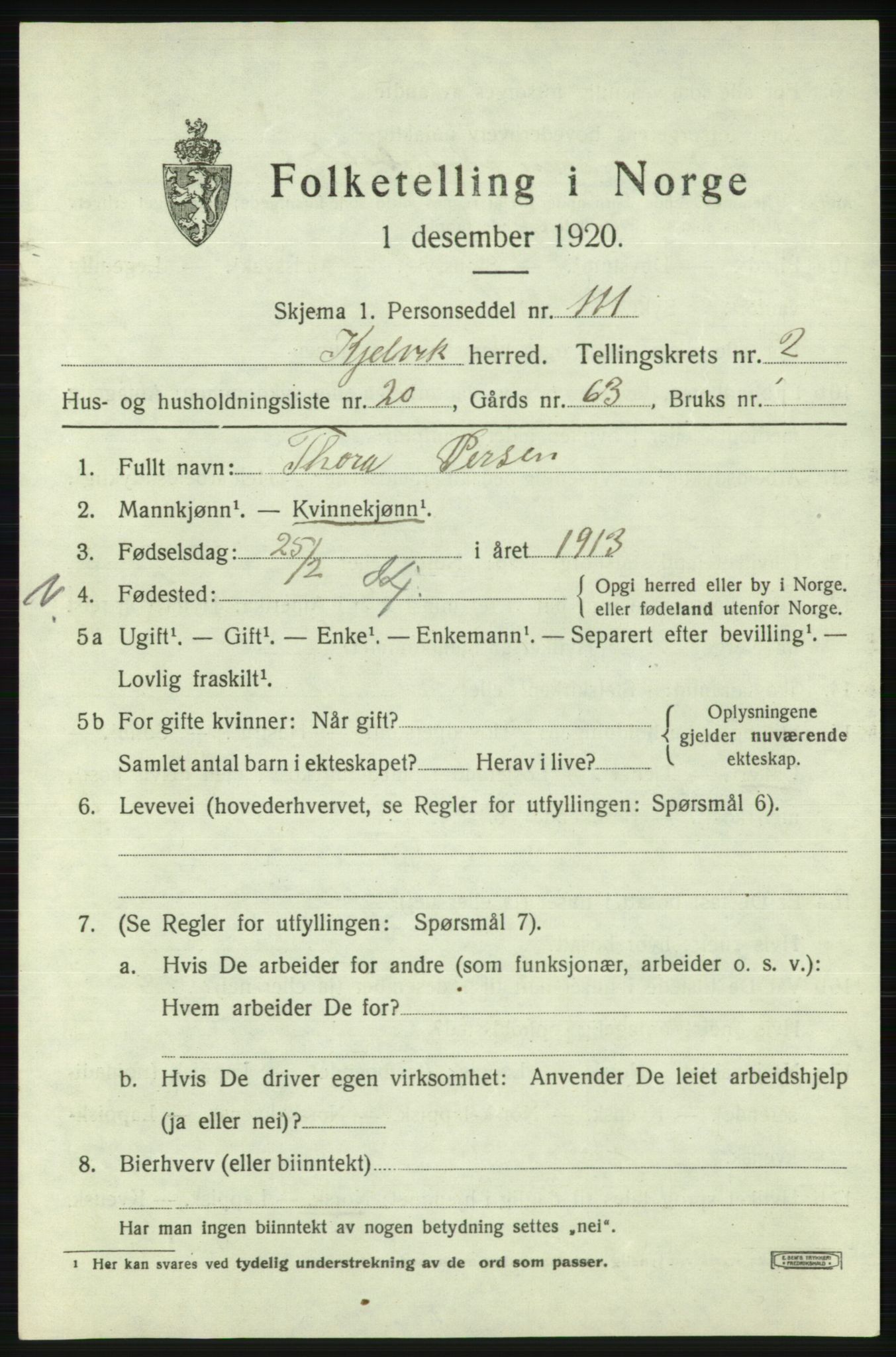 SATØ, 1920 census for Kjelvik, 1920, p. 1607