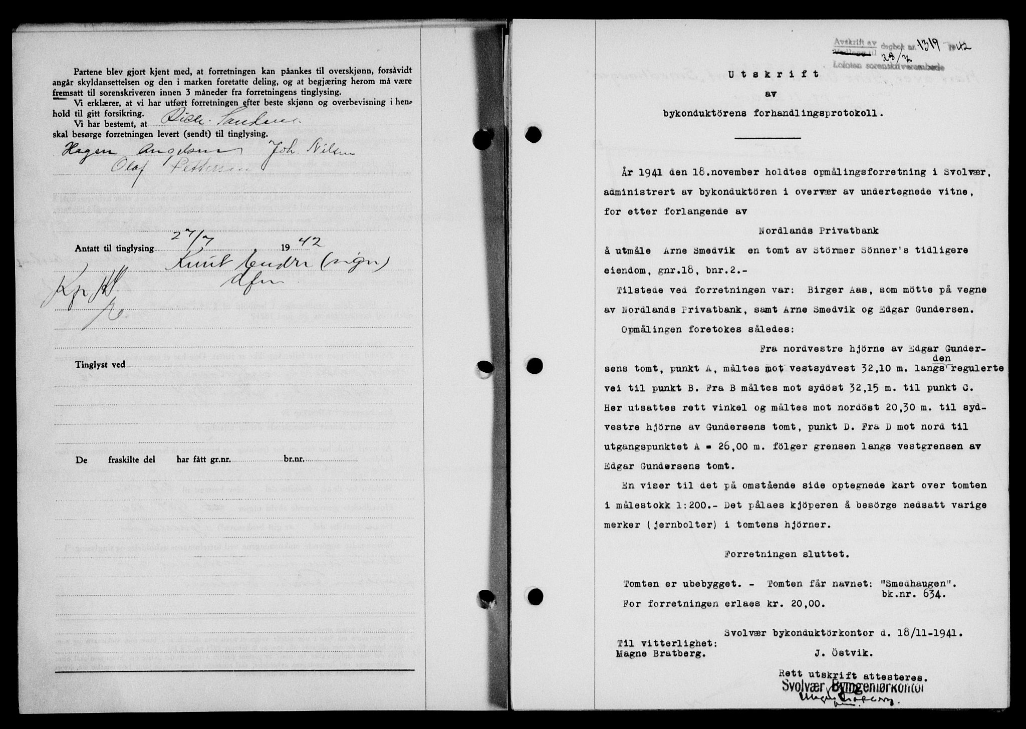 Lofoten sorenskriveri, SAT/A-0017/1/2/2C/L0010a: Mortgage book no. 10a, 1942-1943, Diary no: : 1319/1942