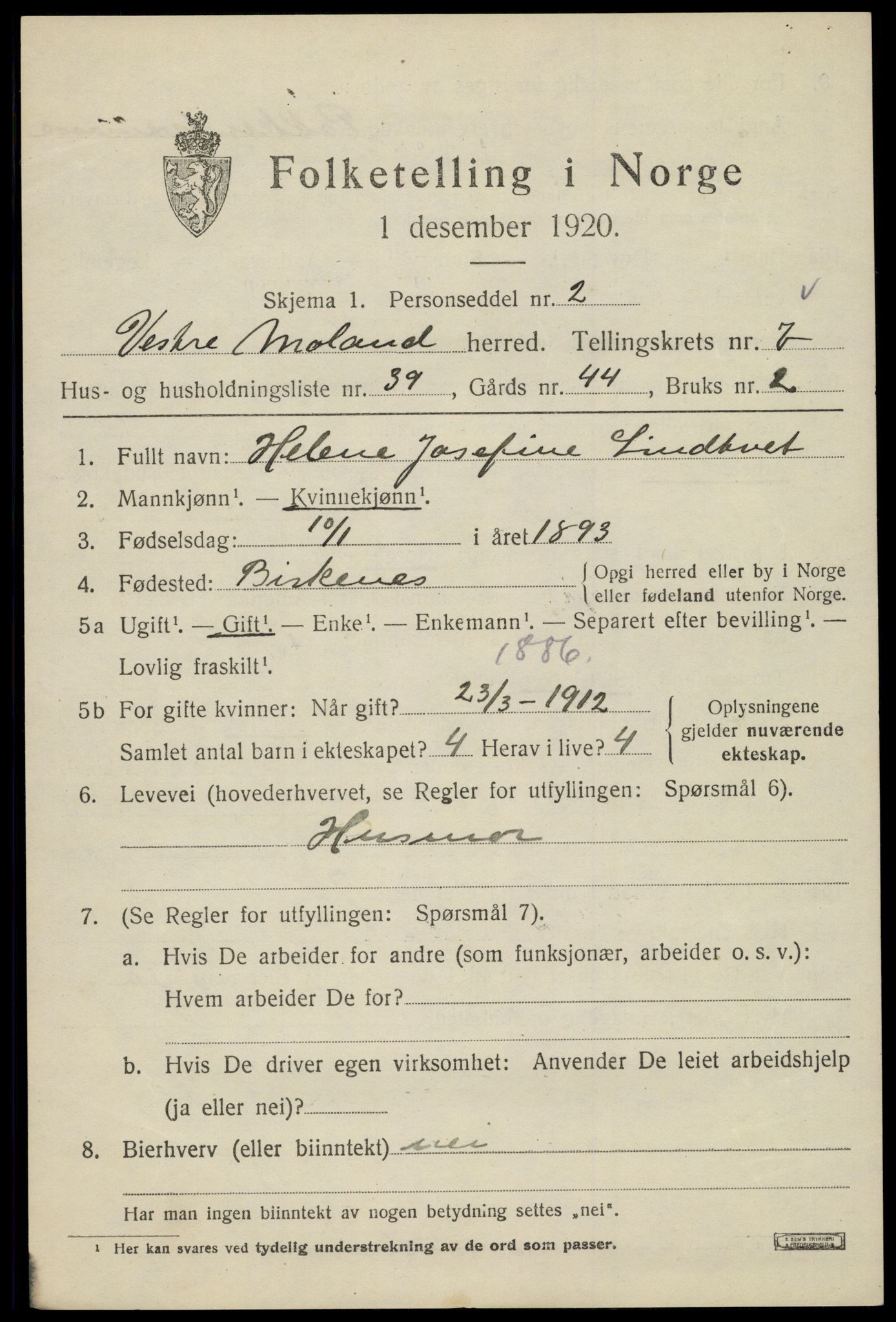 SAK, 1920 census for Vestre Moland, 1920, p. 5197