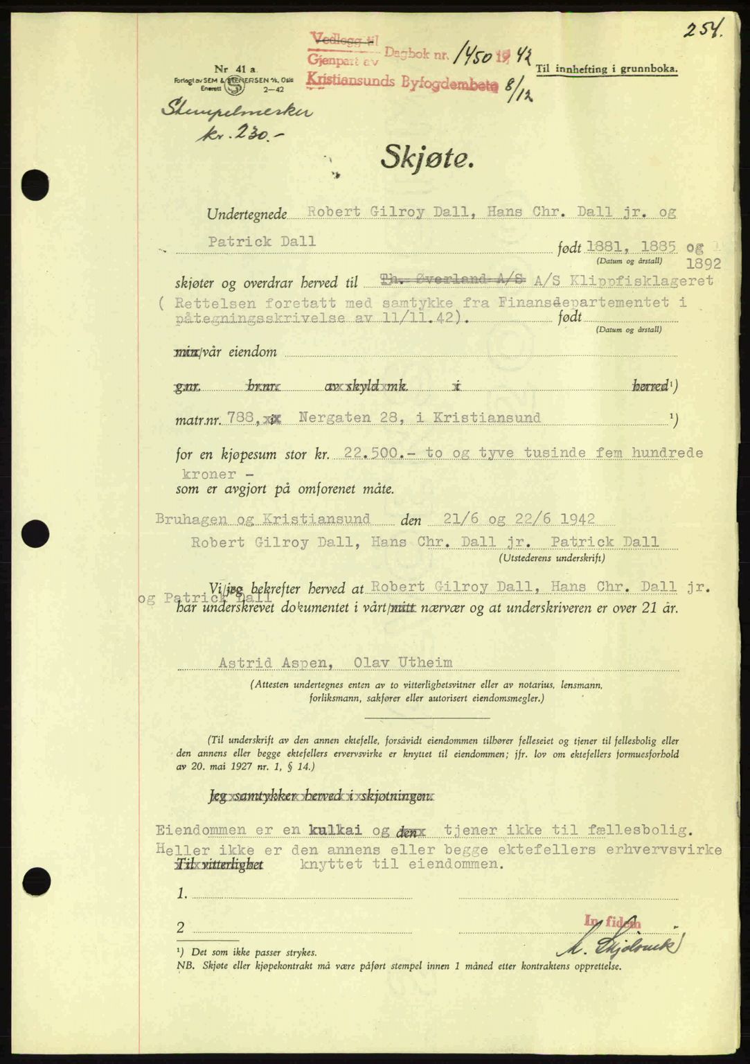 Kristiansund byfogd, AV/SAT-A-4587/A/27: Mortgage book no. 34, 1941-1945, Diary no: : 1450/1942