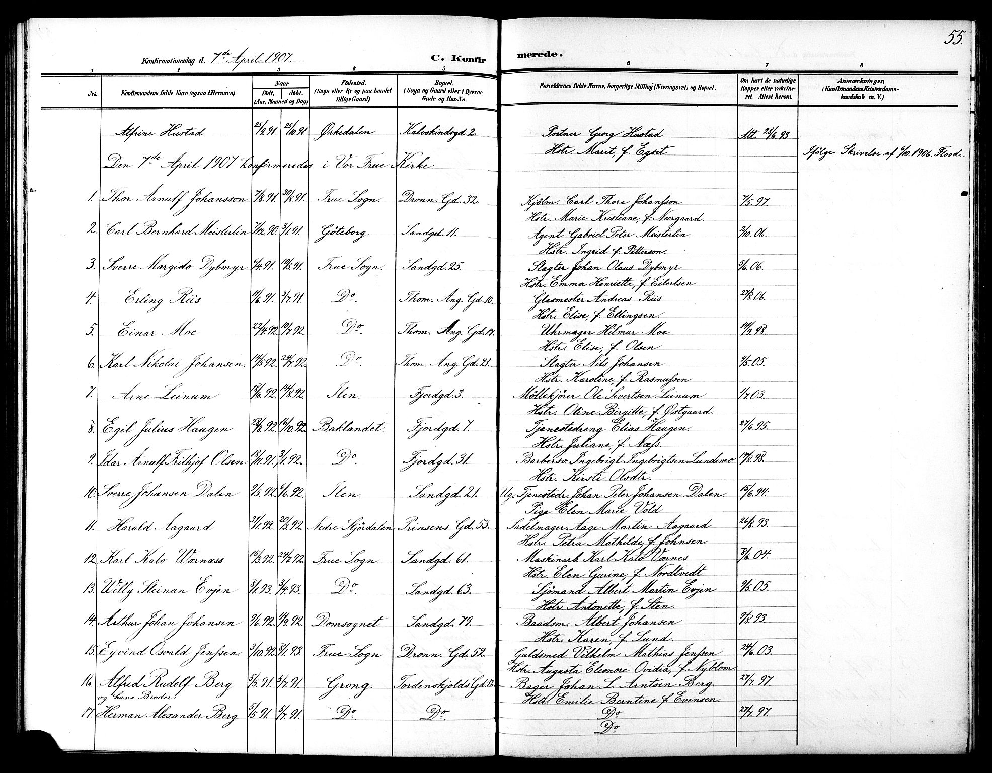 Ministerialprotokoller, klokkerbøker og fødselsregistre - Sør-Trøndelag, SAT/A-1456/602/L0146: Parish register (copy) no. 602C14, 1904-1914, p. 55