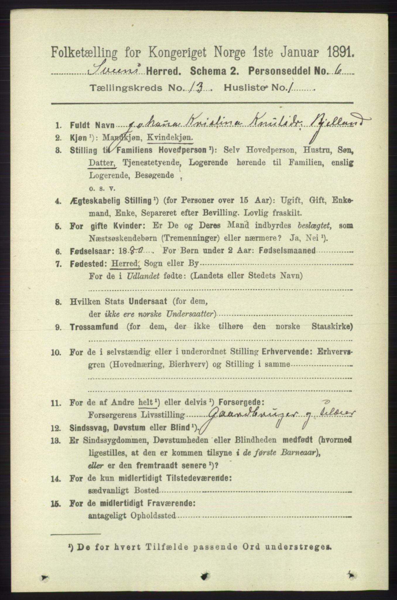 RA, 1891 census for 1216 Sveio, 1891, p. 3673