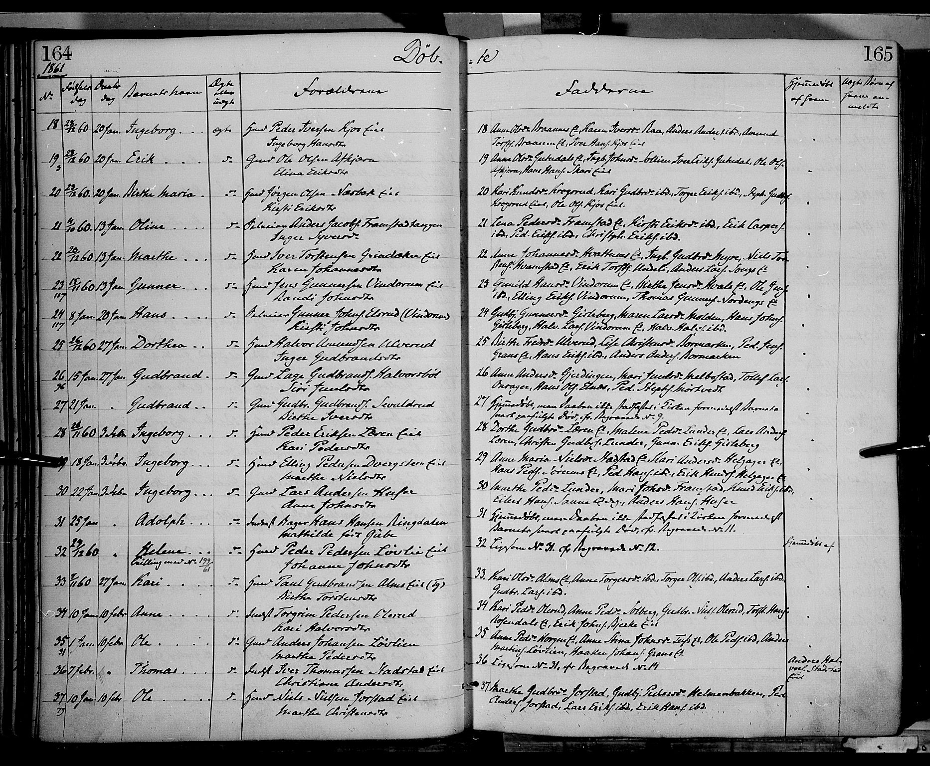 Gran prestekontor, AV/SAH-PREST-112/H/Ha/Haa/L0012: Parish register (official) no. 12, 1856-1874, p. 164-165