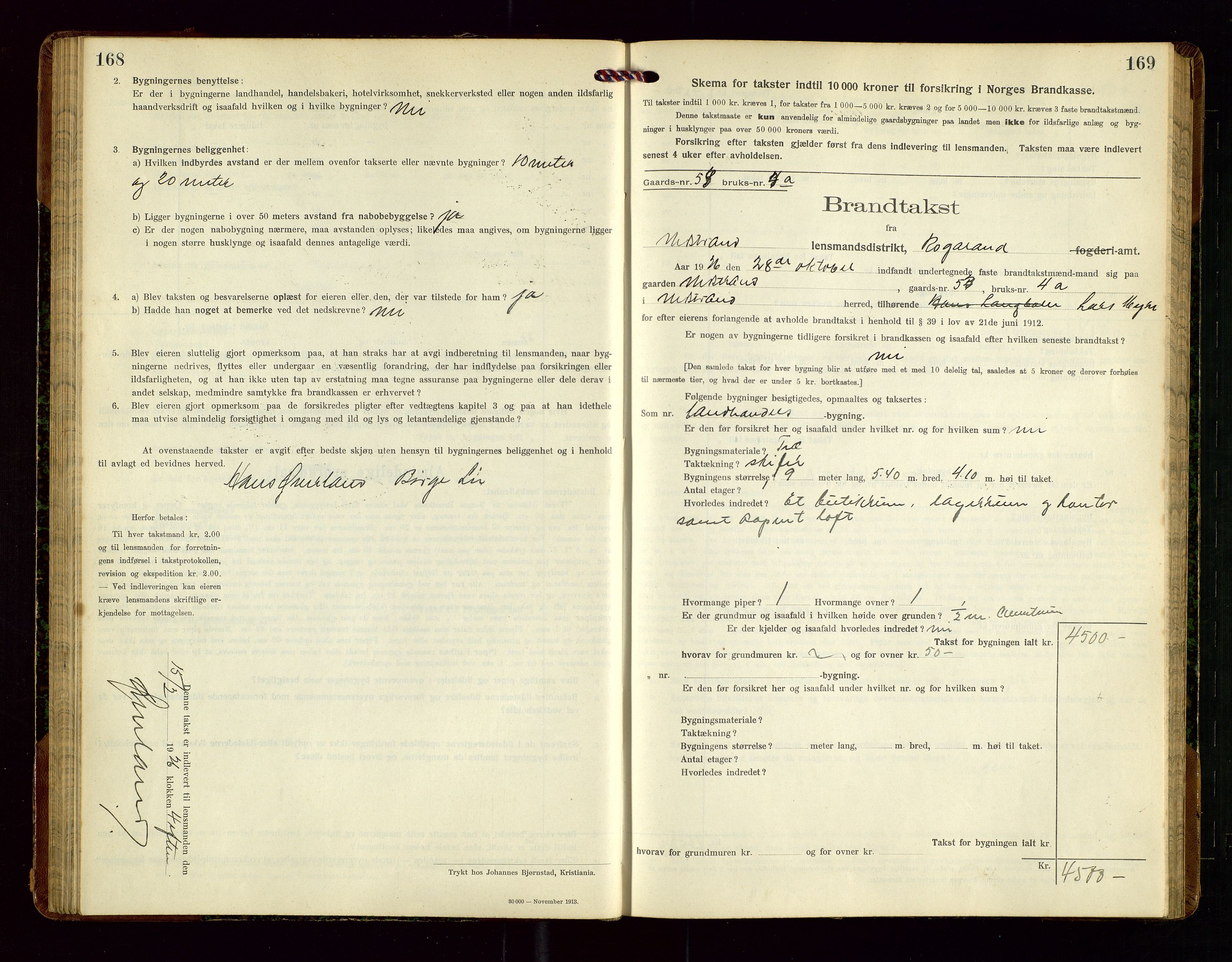 Nedstrand lensmannskontor, SAST/A-100236/Gob/L0002: "Brandtakstprotokol for Nerstrand lensmandsdistrikt Rogaland Fylke", 1916-1949, p. 168-169