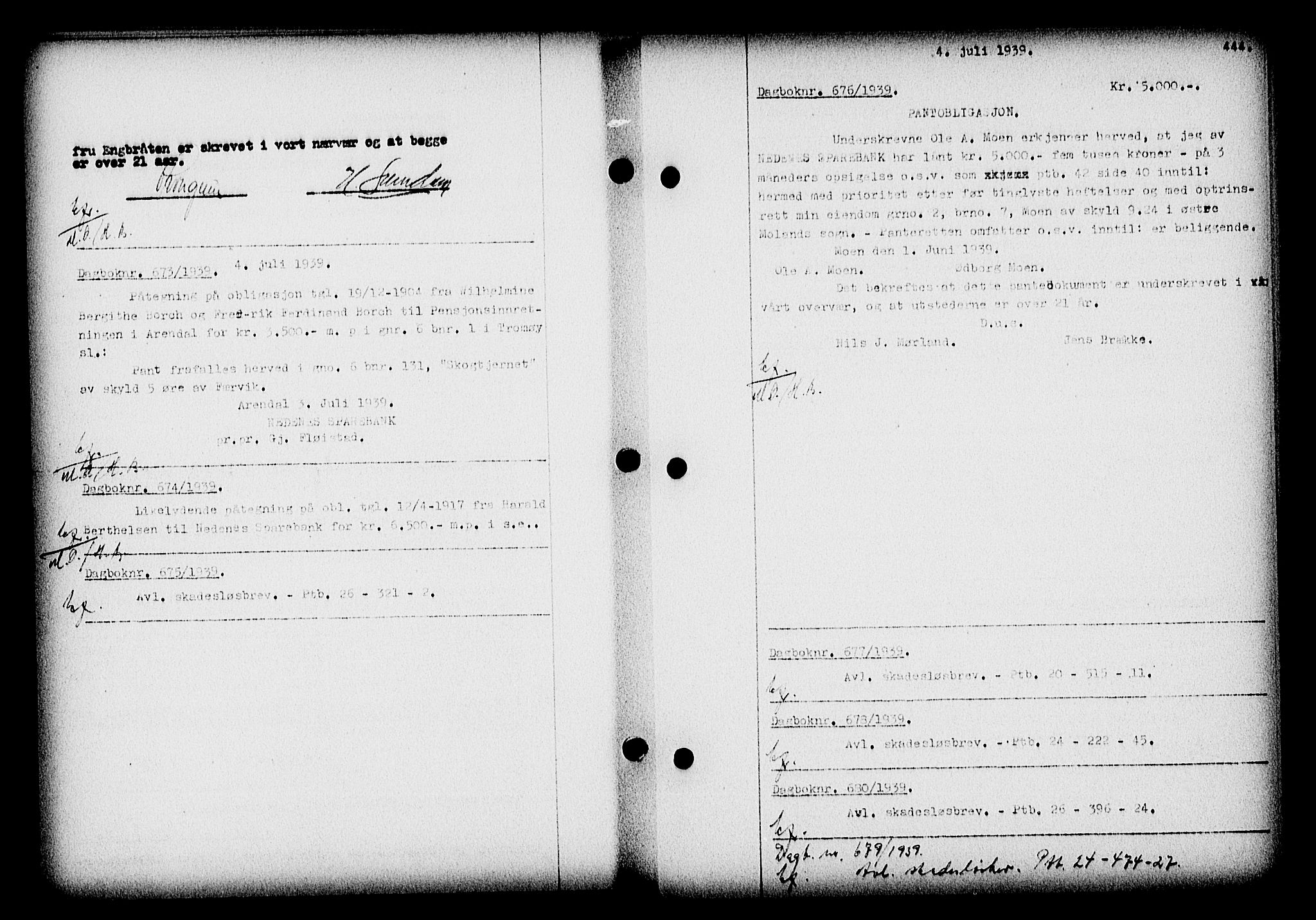 Nedenes sorenskriveri, SAK/1221-0006/G/Gb/Gba/L0046: Mortgage book no. 42, 1938-1939, Diary no: : 673/1939