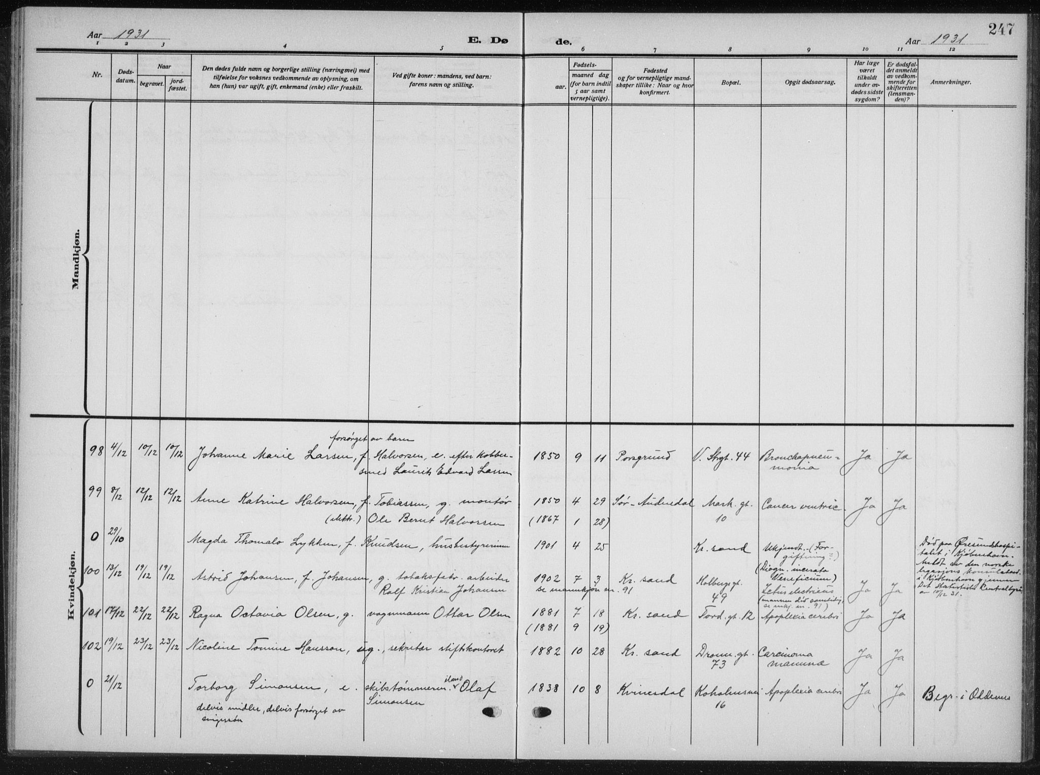 Kristiansand domprosti, AV/SAK-1112-0006/F/Fb/L0025: Parish register (copy) no. B 25, 1924-1934, p. 247