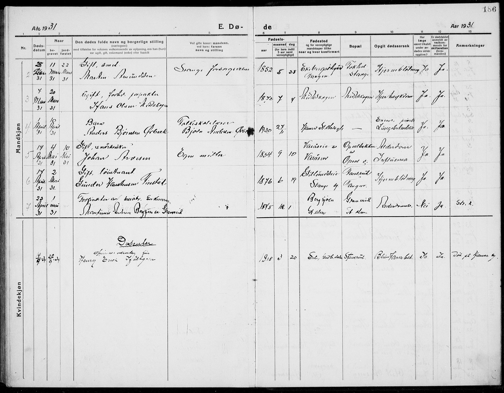 Stange prestekontor, AV/SAH-PREST-002/L/L0017: Parish register (copy) no. 17, 1918-1936, p. 186