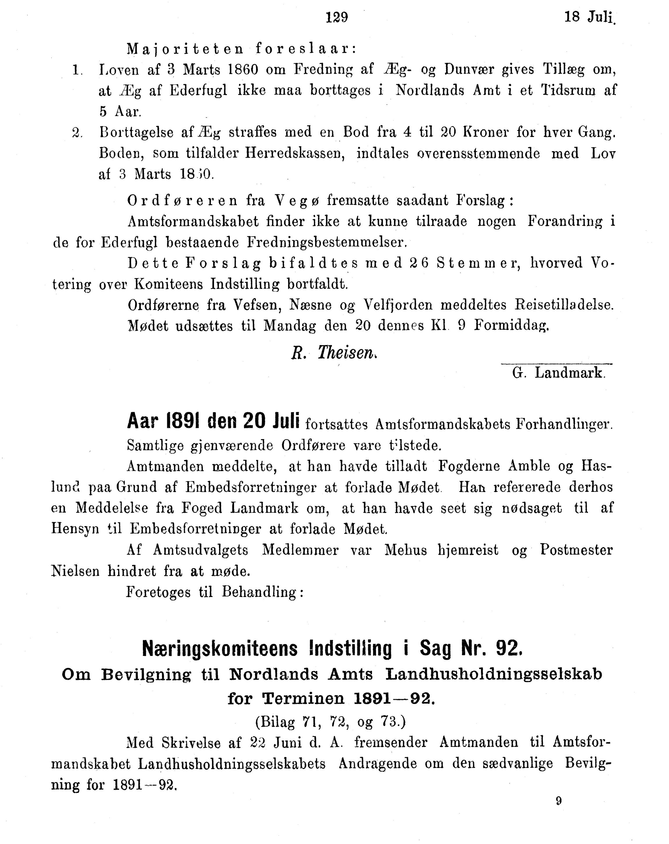 Nordland Fylkeskommune. Fylkestinget, AIN/NFK-17/176/A/Ac/L0016: Fylkestingsforhandlinger 1891-1893, 1891-1893, p. 129