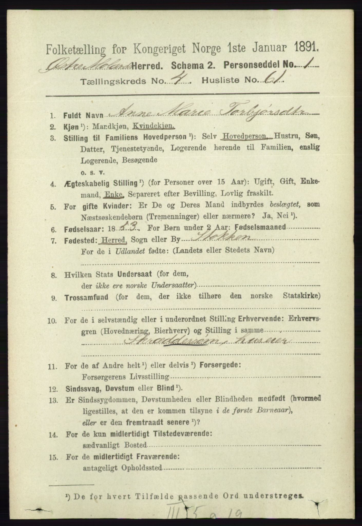 RA, 1891 census for 0918 Austre Moland, 1891, p. 2385