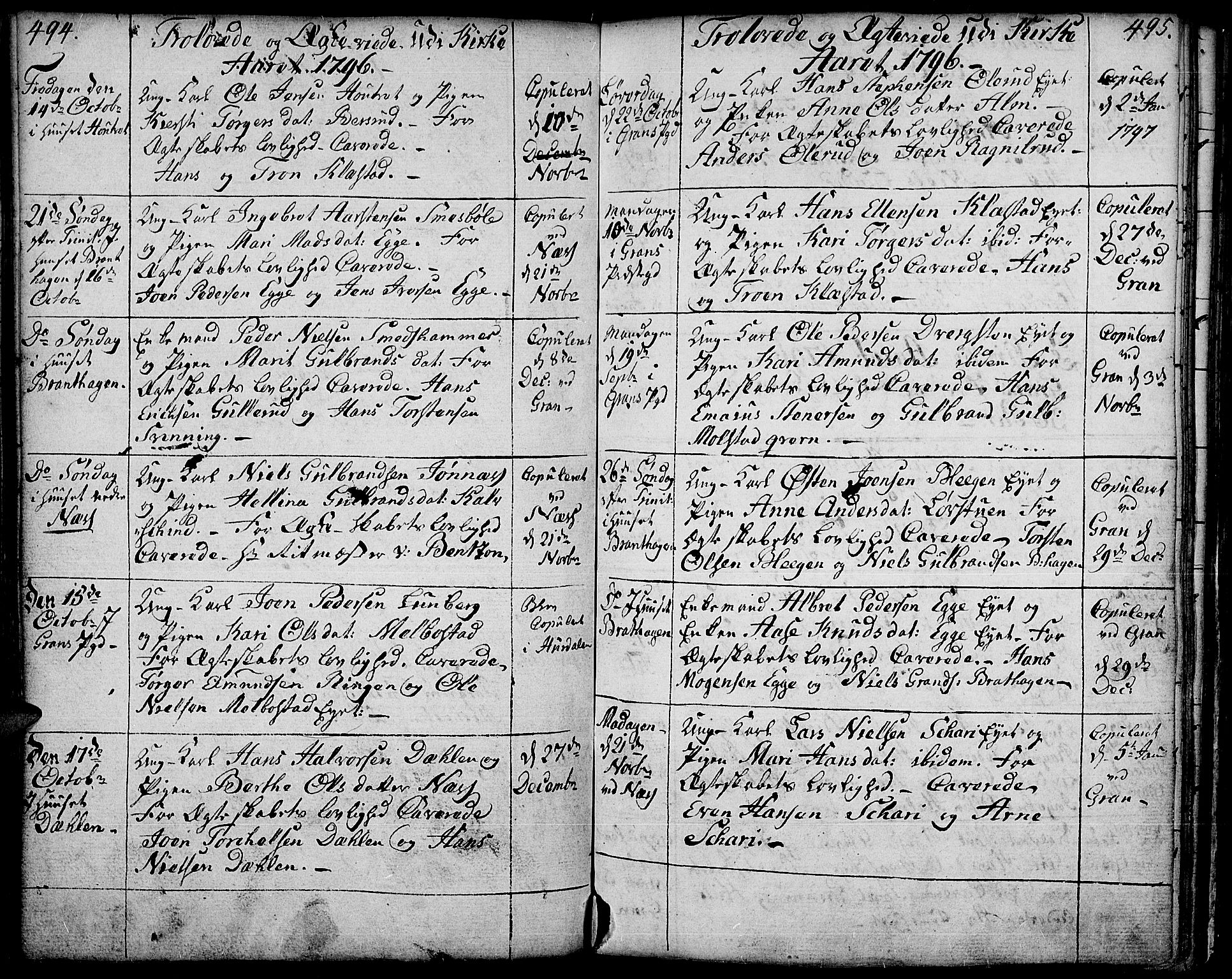 Gran prestekontor, SAH/PREST-112/H/Ha/Haa/L0006: Parish register (official) no. 6, 1787-1824, p. 494-495