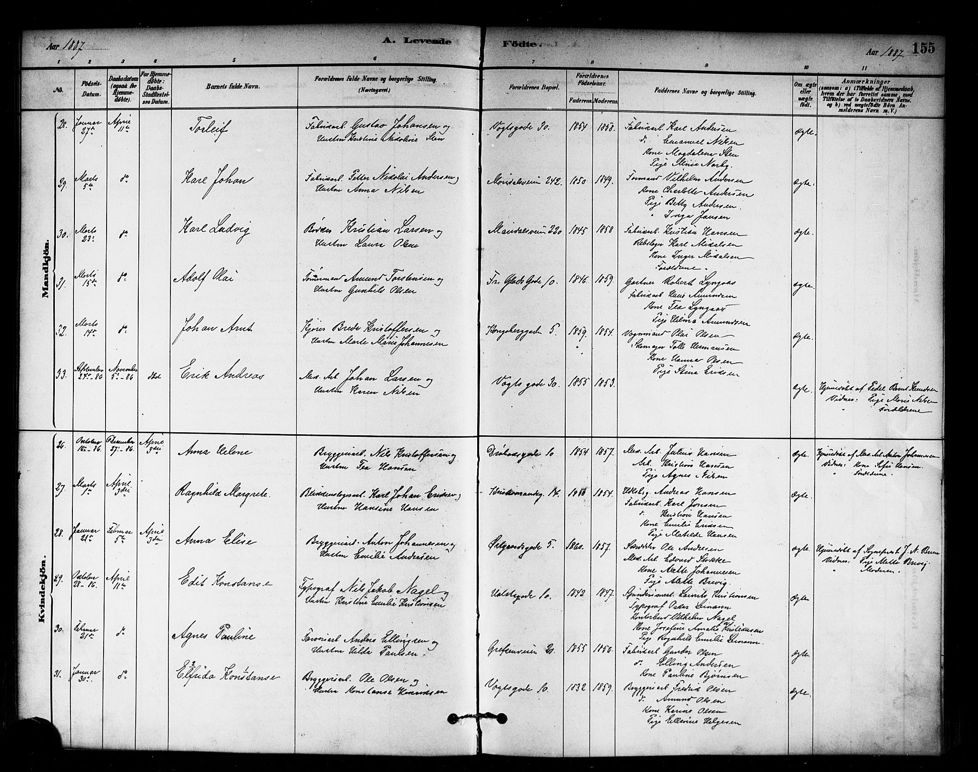 Sagene prestekontor Kirkebøker, AV/SAO-A-10796/G/L0001: Parish register (copy) no. 1, 1880-1891, p. 155