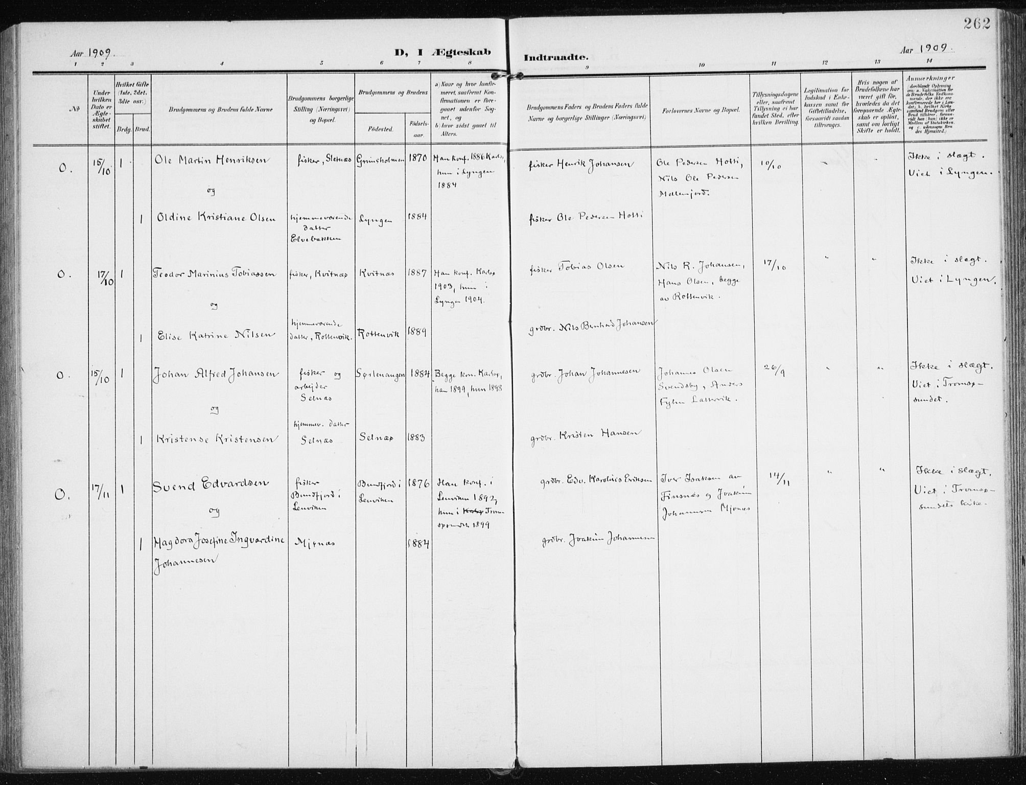 Karlsøy sokneprestembete, AV/SATØ-S-1299/H/Ha/Haa/L0014kirke: Parish register (official) no. 14, 1903-1917, p. 262