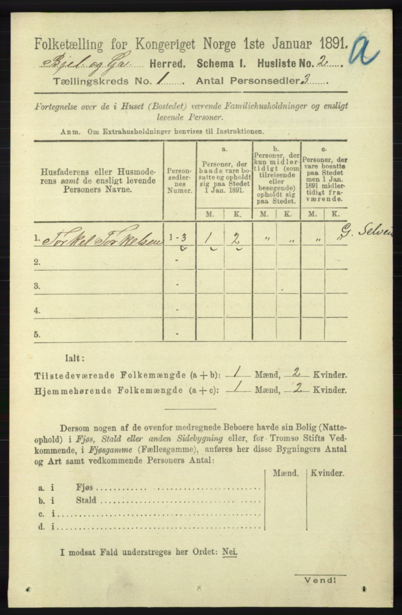 RA, 1891 census for 1024 Bjelland og Grindheim, 1891, p. 23