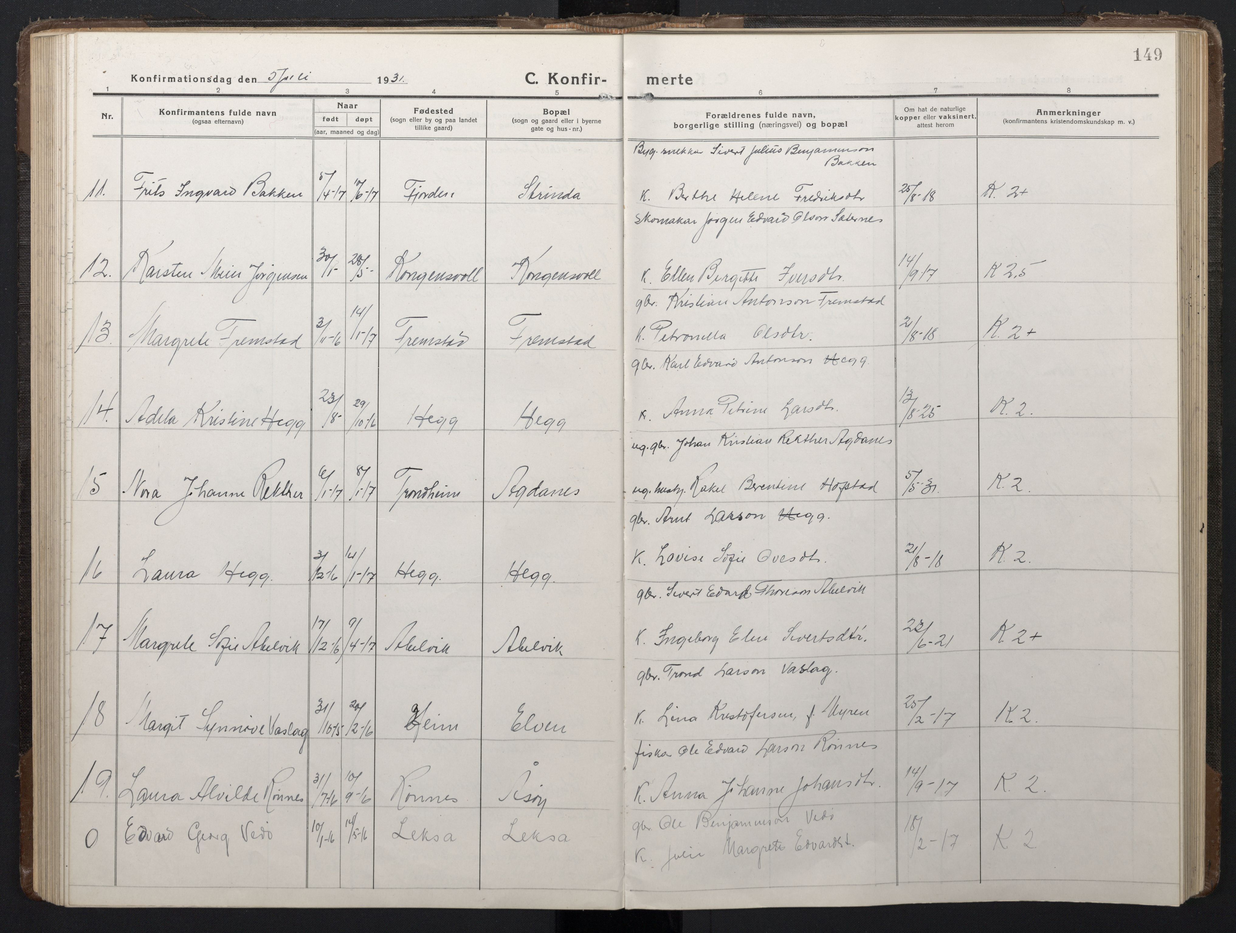 Ministerialprotokoller, klokkerbøker og fødselsregistre - Sør-Trøndelag, AV/SAT-A-1456/662/L0758: Parish register (copy) no. 662C03, 1918-1948, p. 149