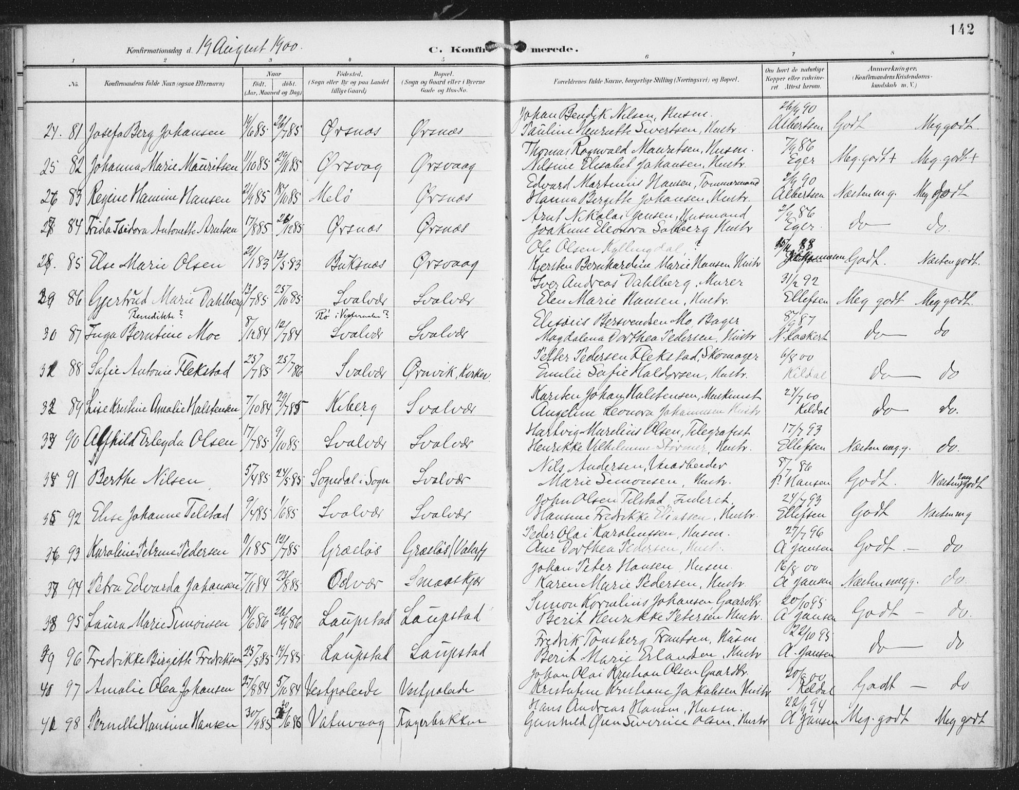 Ministerialprotokoller, klokkerbøker og fødselsregistre - Nordland, AV/SAT-A-1459/874/L1062: Parish register (official) no. 874A06, 1899-1907, p. 142