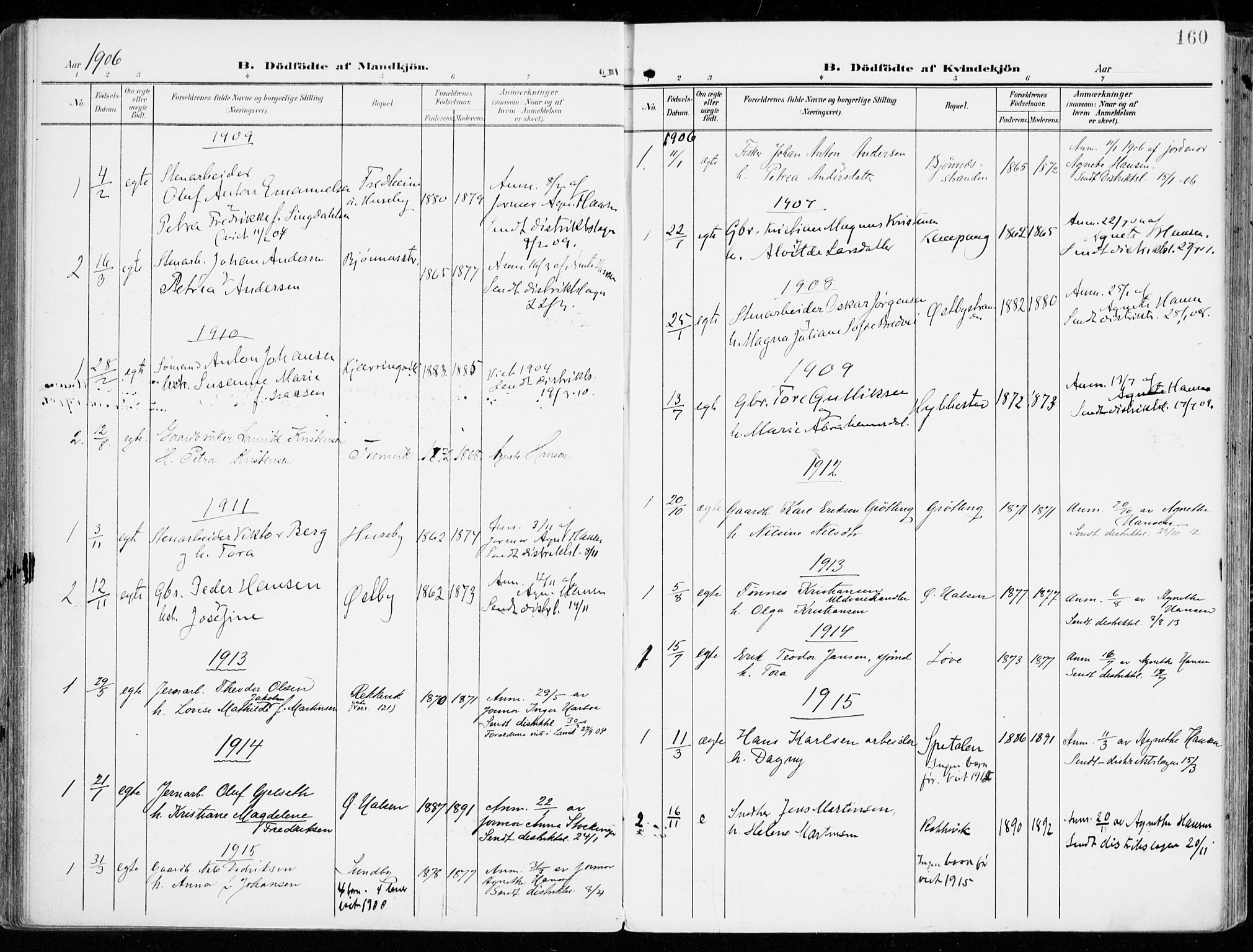 Tjølling kirkebøker, SAKO/A-60/F/Fa/L0010: Parish register (official) no. 10, 1906-1923, p. 160