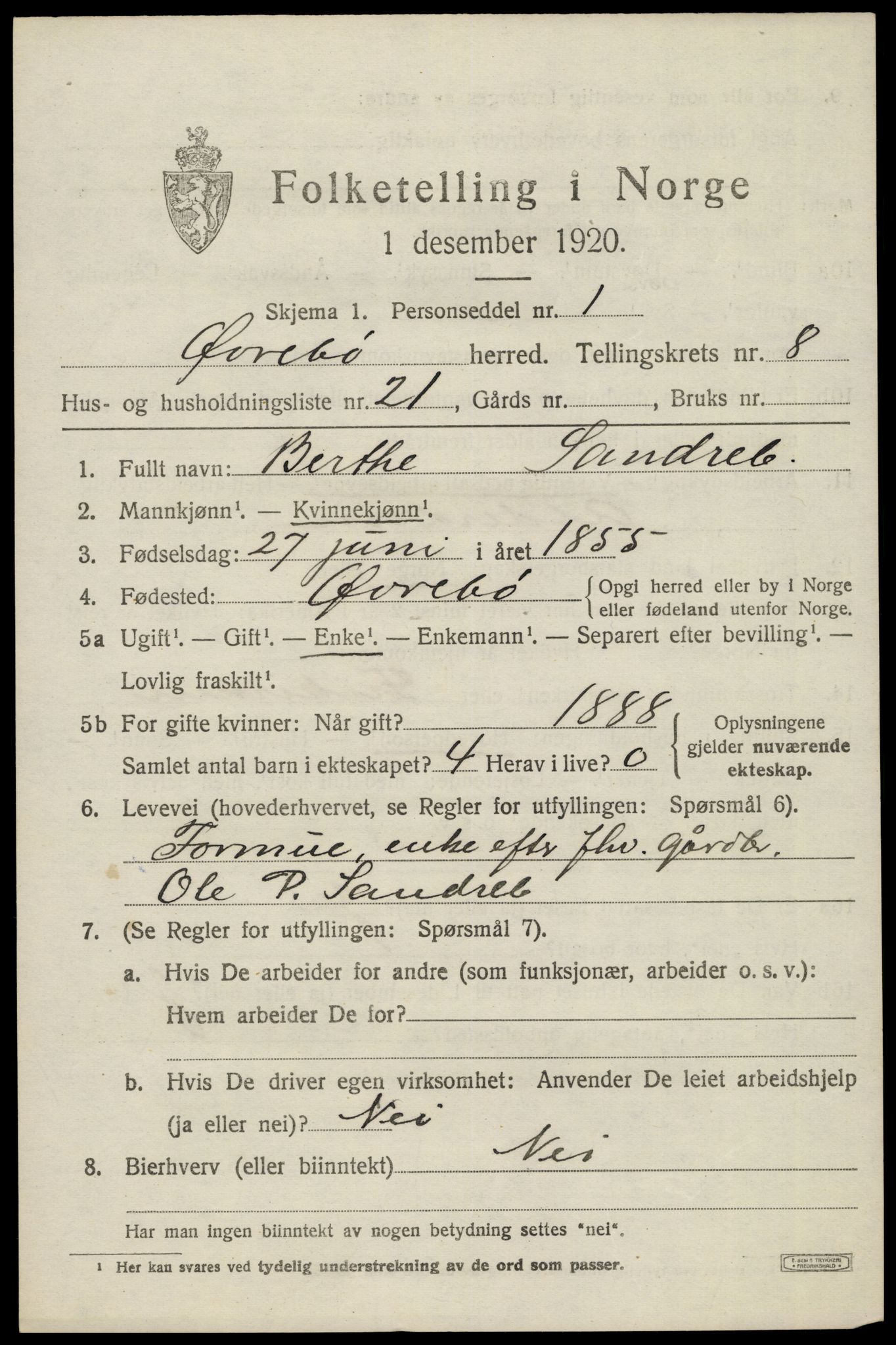 SAK, 1920 census for Øvrebø, 1920, p. 1918