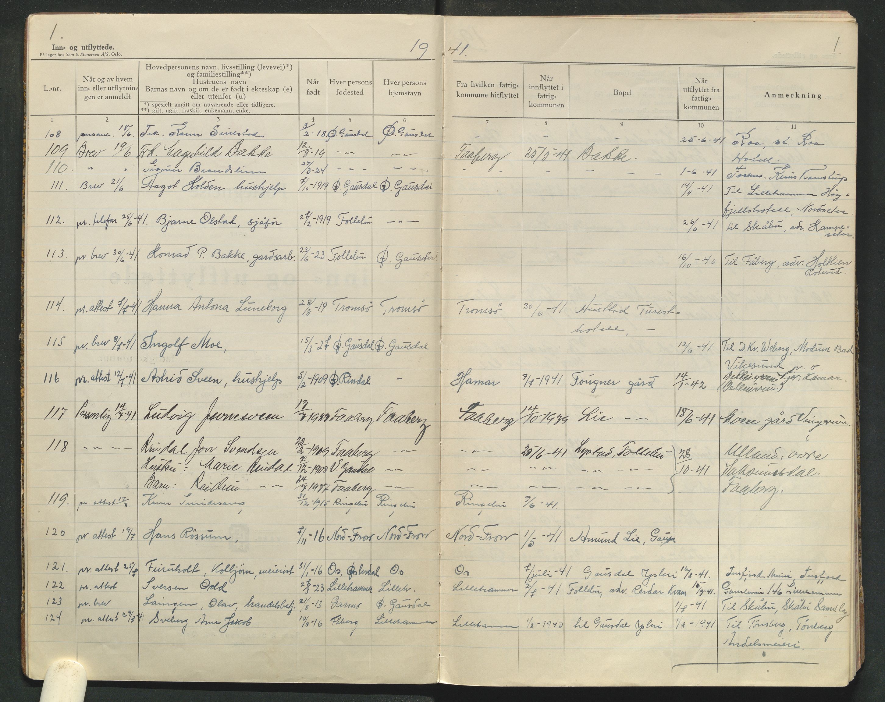 Østre Gausdal lensmannskontor, AV/SAH-PGØ-015/L/La/L0001/0003: Protokoller over inn- og utflyttede / Protokoll over inn- og utflyttede, 1941-1943
