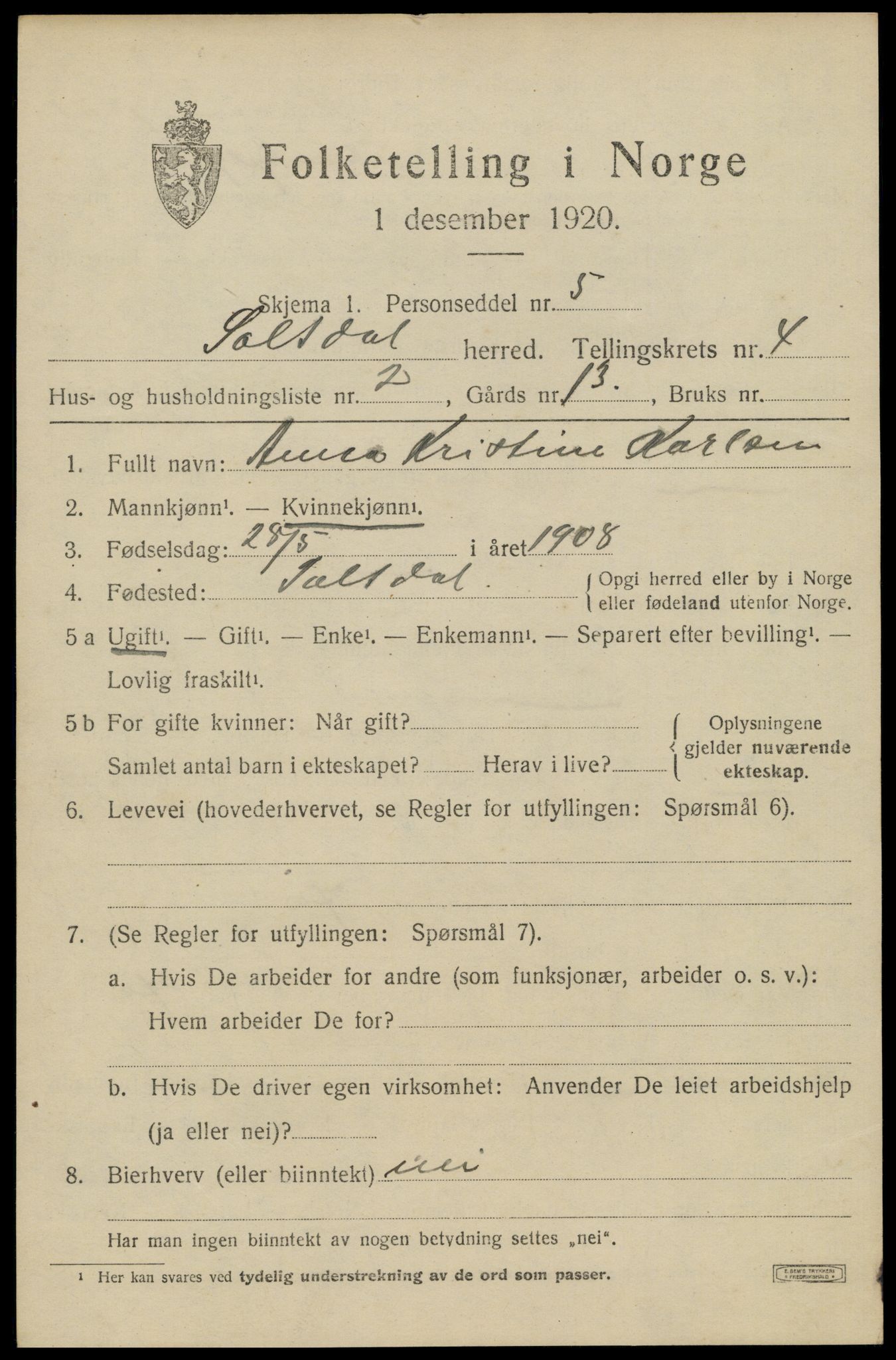 SAT, 1920 census for Saltdal, 1920, p. 5637