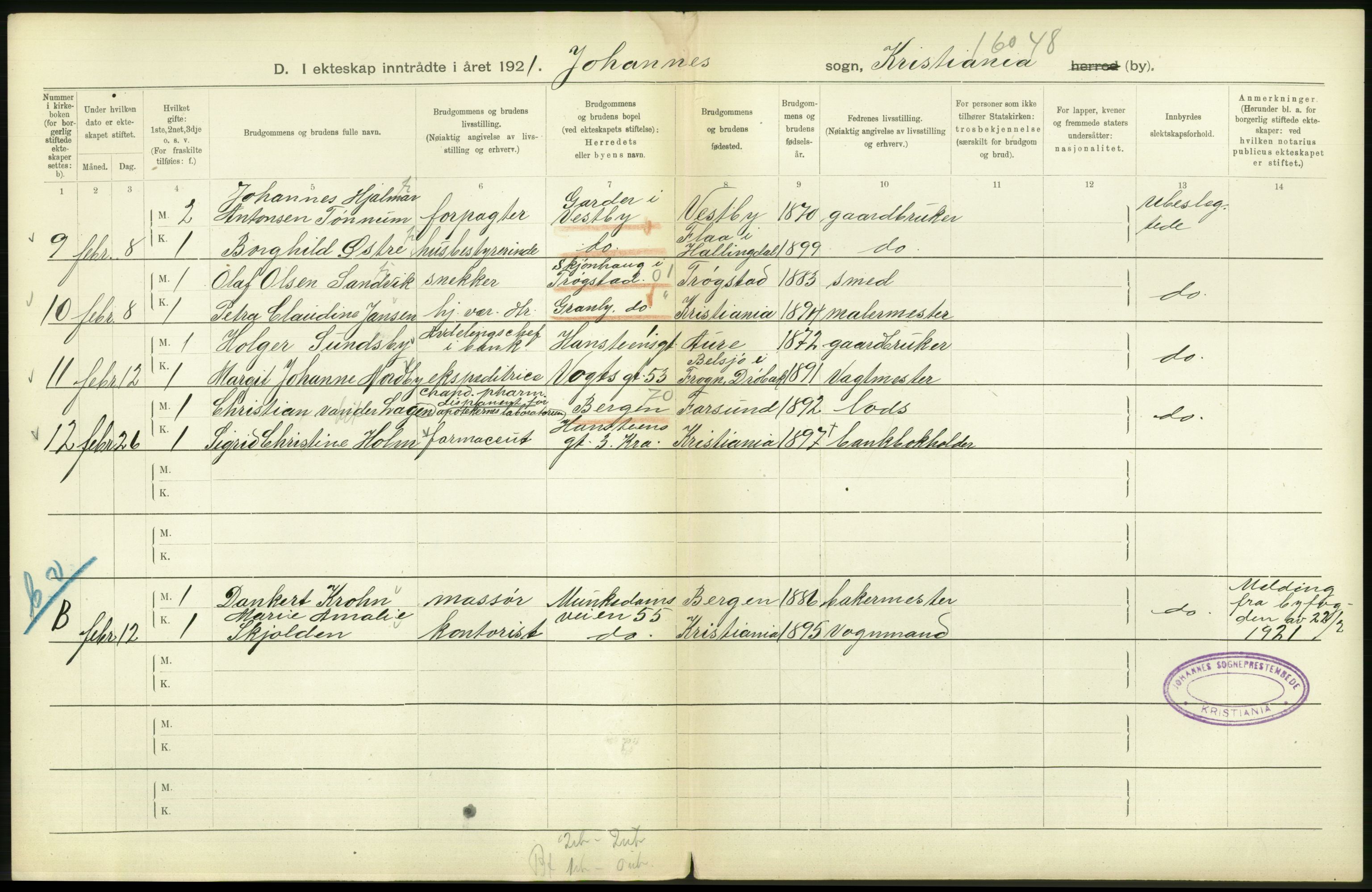 Statistisk sentralbyrå, Sosiodemografiske emner, Befolkning, RA/S-2228/D/Df/Dfc/Dfca/L0011: Kristiania: Gifte, 1921, p. 74