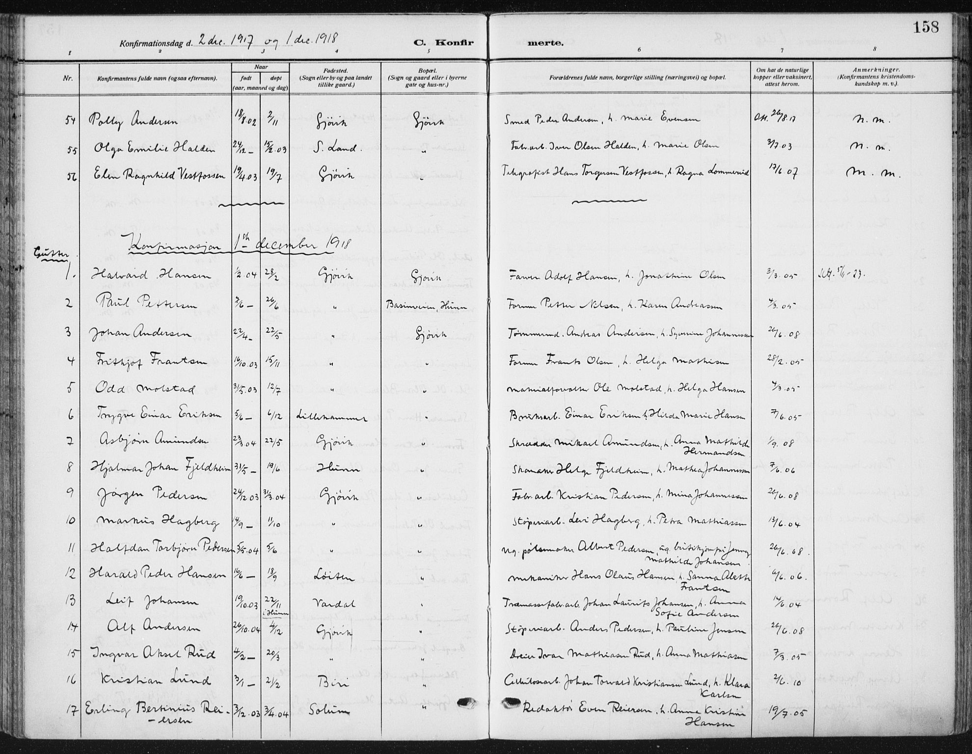 Vardal prestekontor, SAH/PREST-100/H/Ha/Haa/L0014: Parish register (official) no. 14, 1912-1922, p. 158