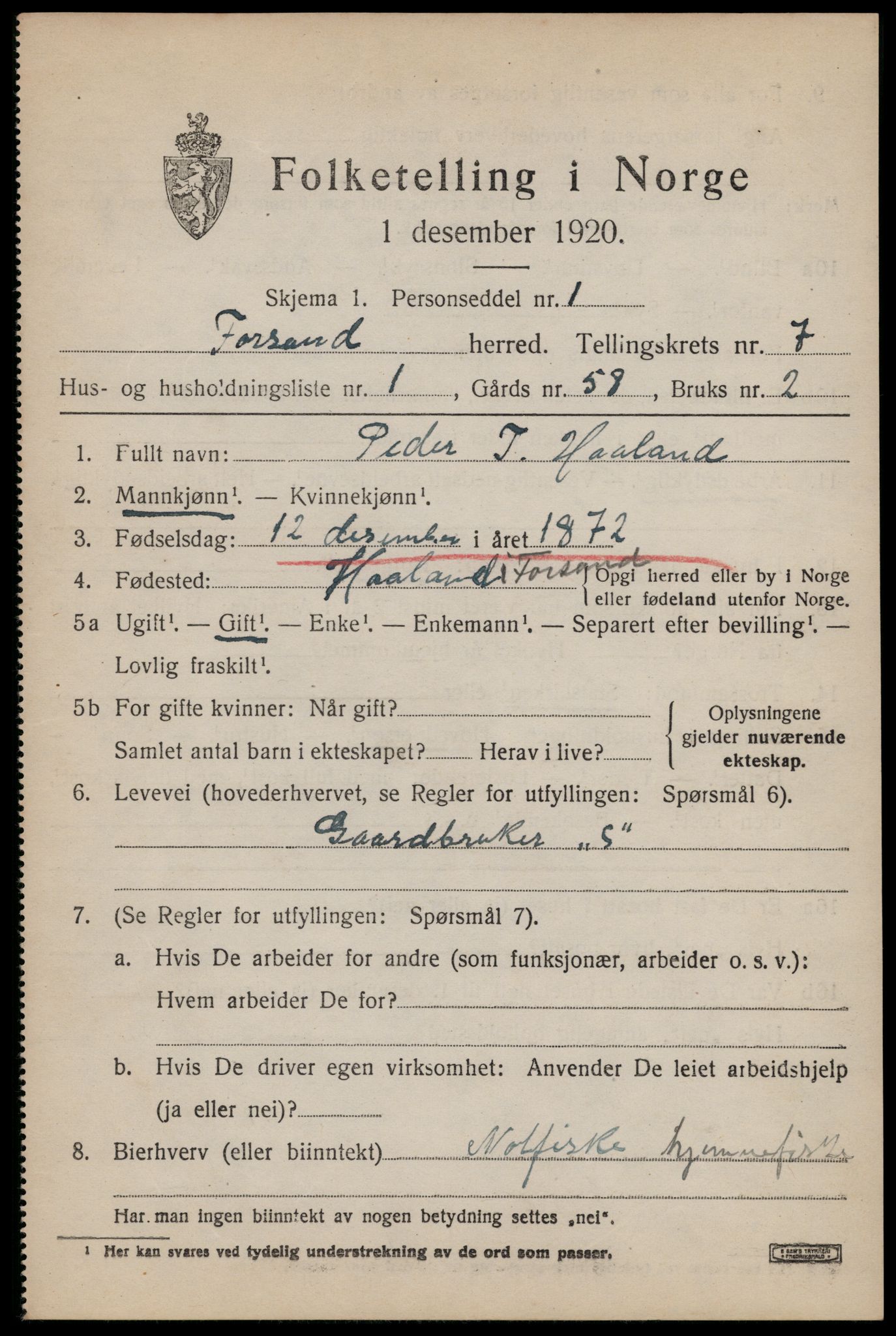 SAST, 1920 census for Forsand, 1920, p. 3413