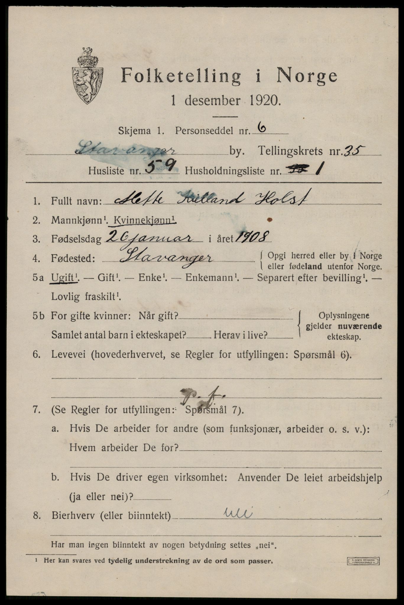 SAST, 1920 census for Stavanger, 1920, p. 94724