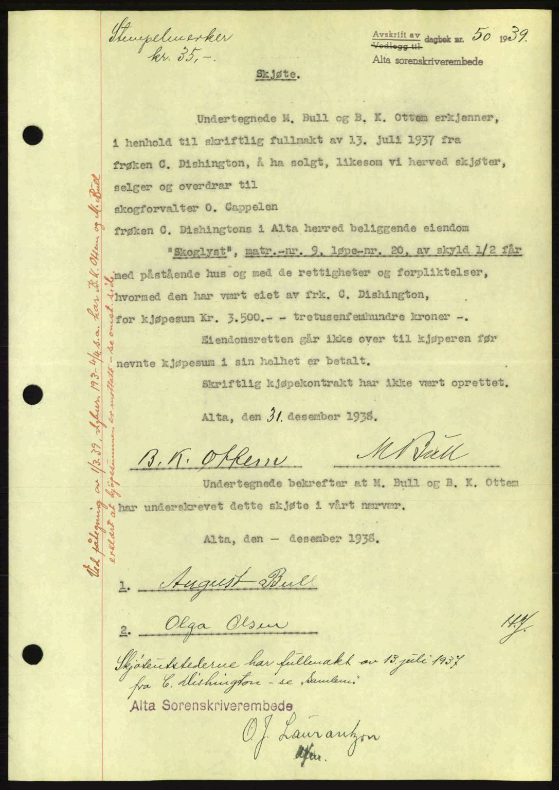 Alta fogderi/sorenskriveri, SATØ/SATØ-5/1/K/Kd/L0031pantebok: Mortgage book no. 31, 1938-1939, Diary no: : 50/1939