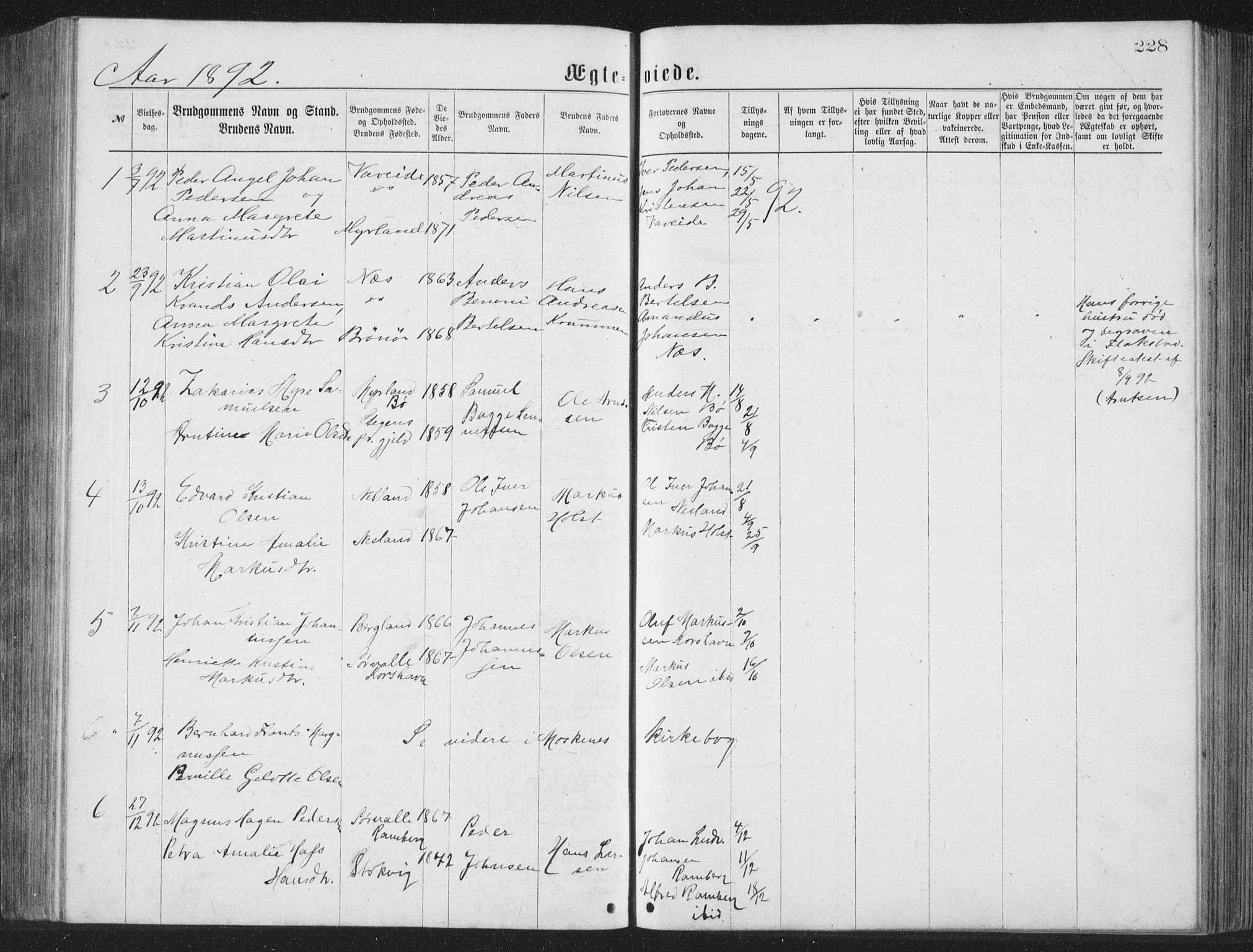 Ministerialprotokoller, klokkerbøker og fødselsregistre - Nordland, AV/SAT-A-1459/885/L1213: Parish register (copy) no. 885C02, 1874-1892, p. 228