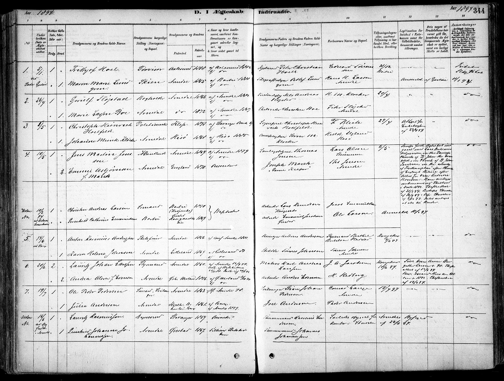 Arendal sokneprestkontor, Trefoldighet, SAK/1111-0040/F/Fa/L0008: Parish register (official) no. A 8, 1878-1899, p. 344