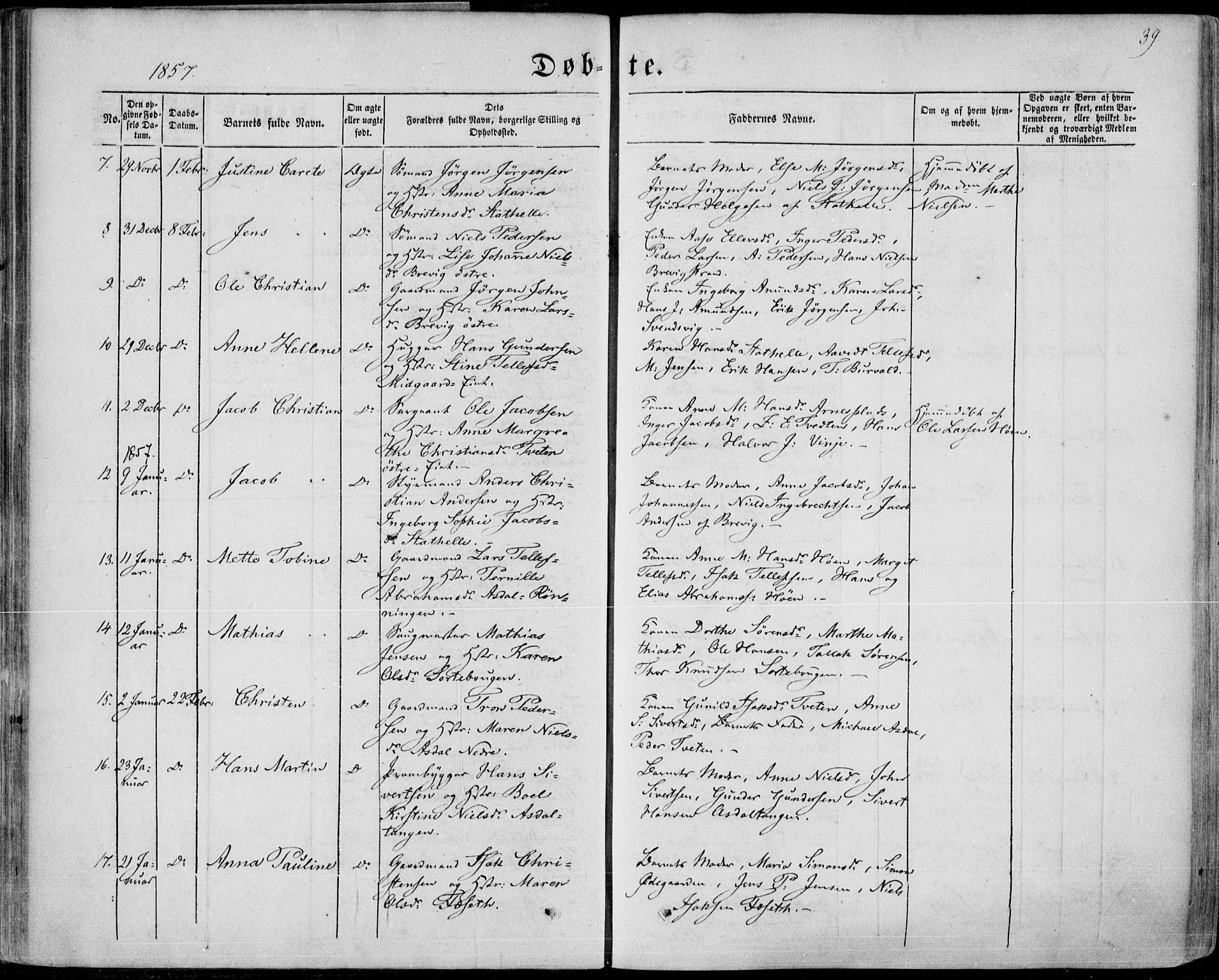 Bamble kirkebøker, SAKO/A-253/F/Fa/L0005: Parish register (official) no. I 5, 1854-1869, p. 39