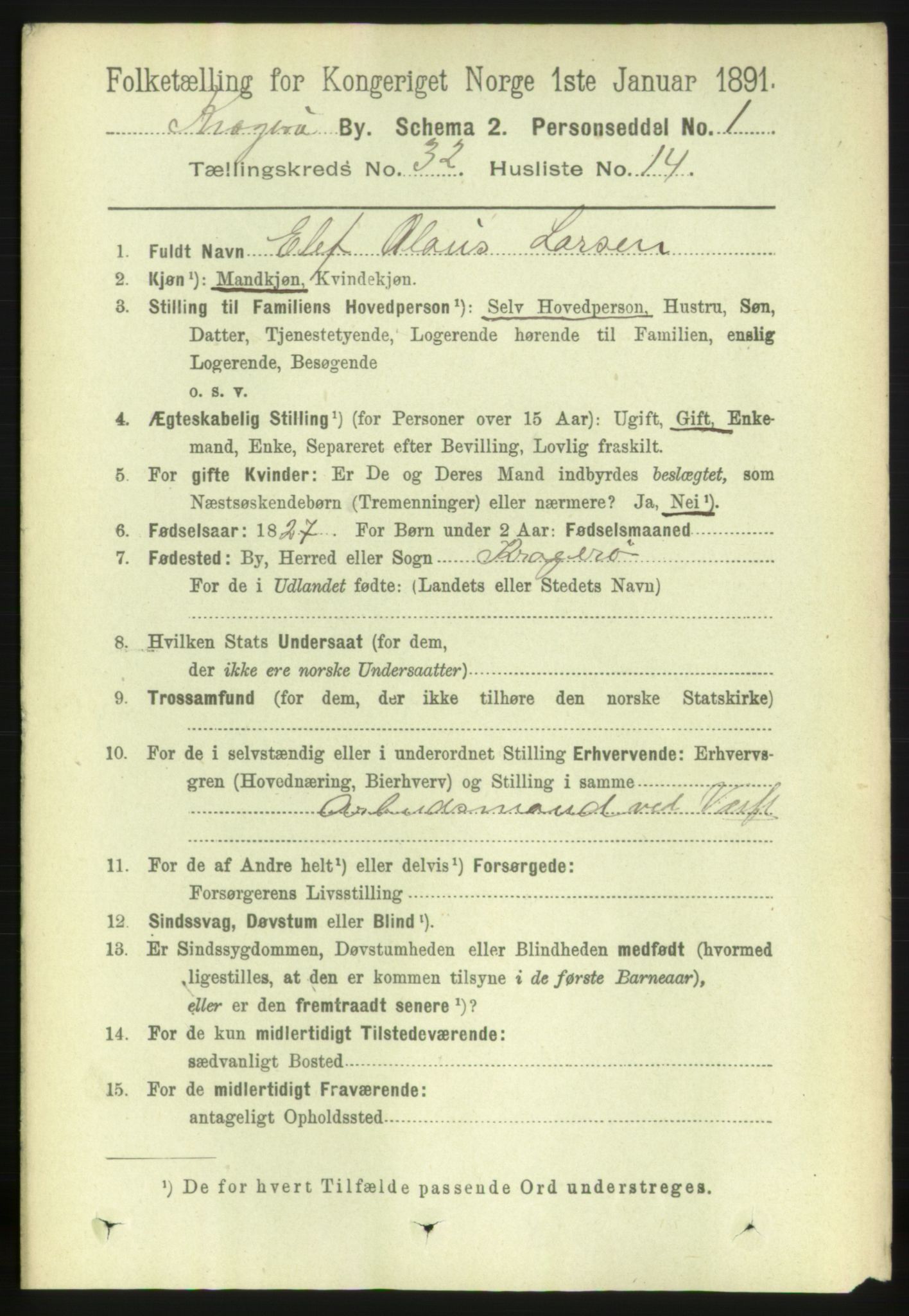 RA, 1891 census for 0801 Kragerø, 1891, p. 5857