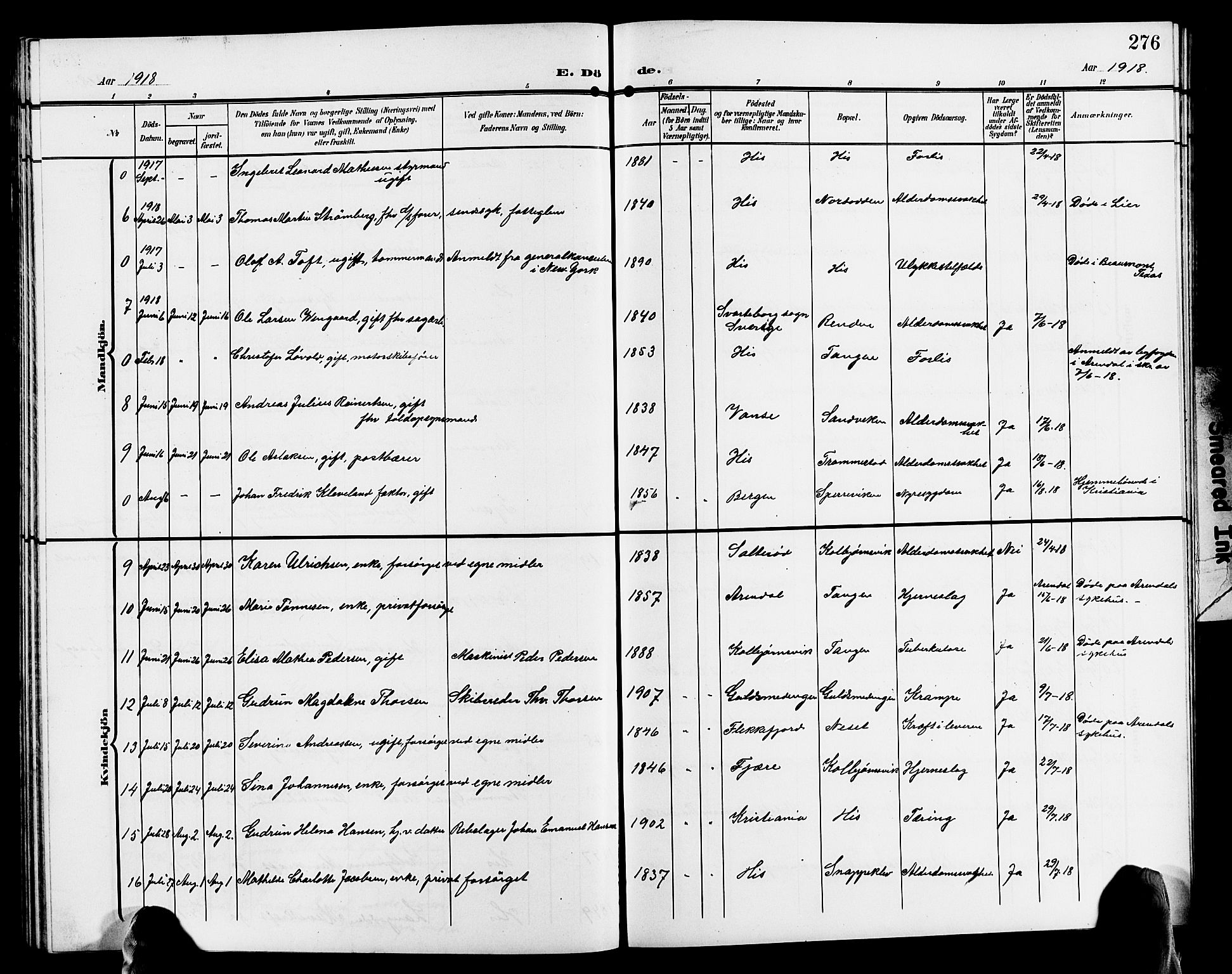 Hisøy sokneprestkontor, AV/SAK-1111-0020/F/Fb/L0004: Parish register (copy) no. B 4, 1905-1923, p. 276