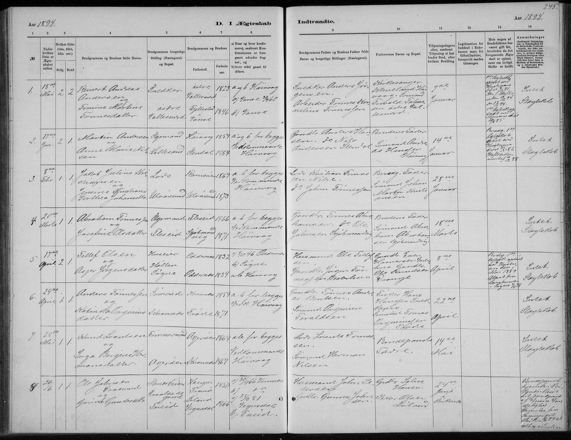 Høvåg sokneprestkontor, SAK/1111-0025/F/Fb/L0004: Parish register (copy) no. B 4, 1883-1898, p. 245