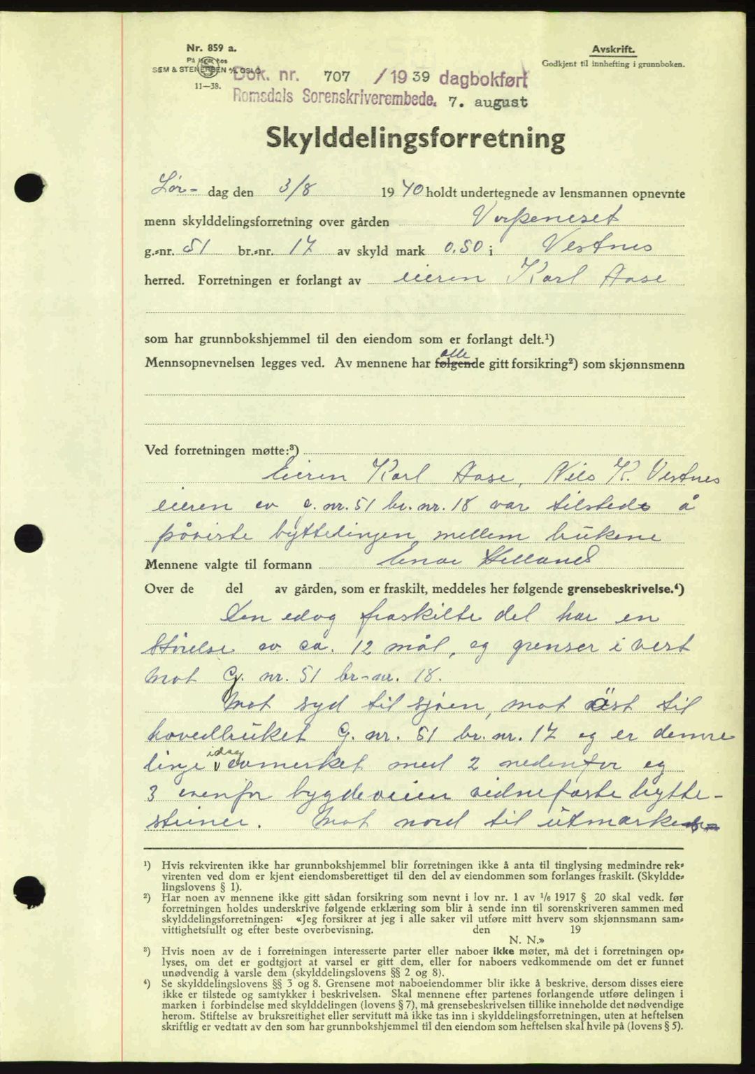 Romsdal sorenskriveri, AV/SAT-A-4149/1/2/2C: Mortgage book no. A8, 1939-1940, Diary no: : 707/1940