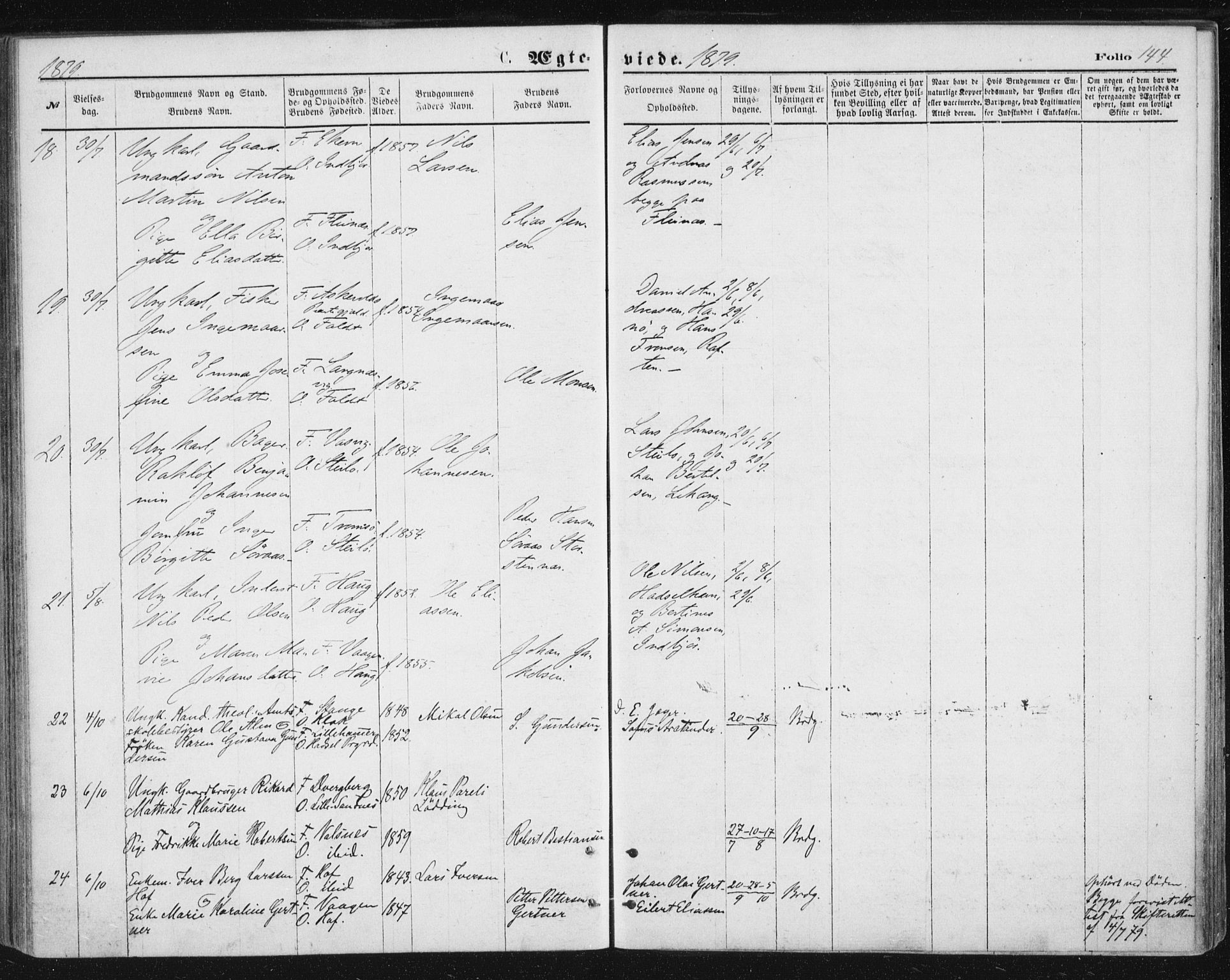 Ministerialprotokoller, klokkerbøker og fødselsregistre - Nordland, AV/SAT-A-1459/888/L1243: Parish register (official) no. 888A09, 1876-1879, p. 144