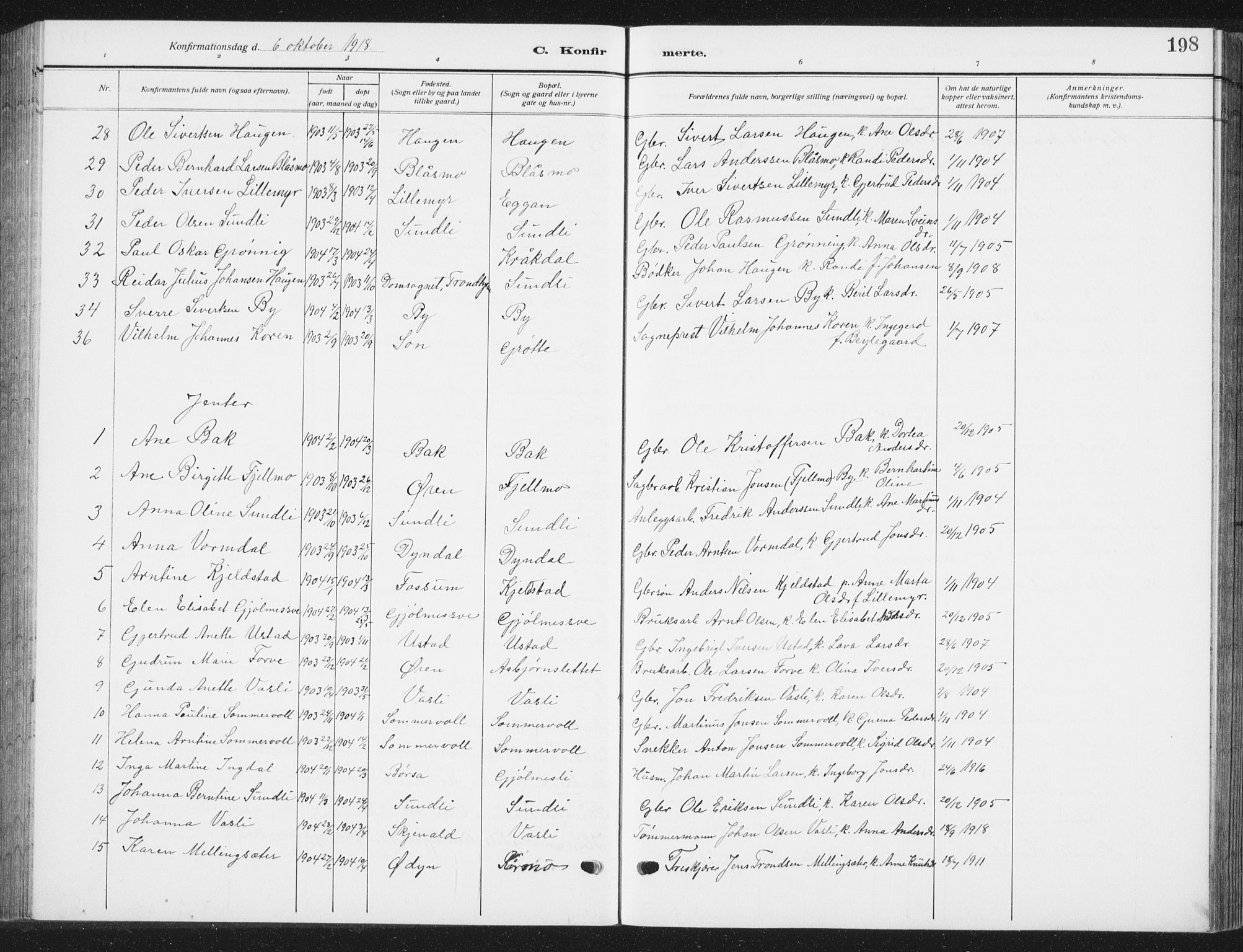 Ministerialprotokoller, klokkerbøker og fødselsregistre - Sør-Trøndelag, SAT/A-1456/668/L0820: Parish register (copy) no. 668C09, 1912-1936, p. 198