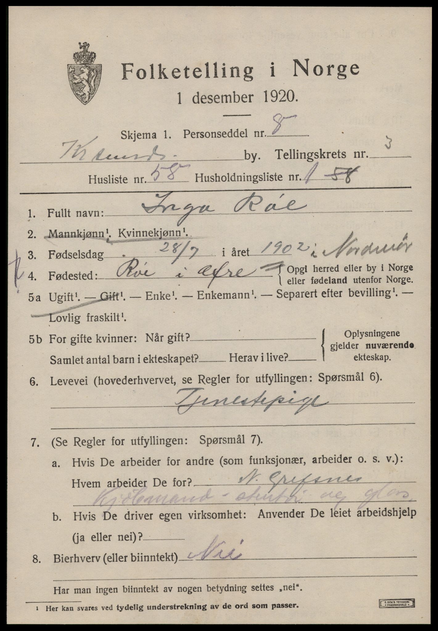 SAT, 1920 census for Kristiansund, 1920, p. 14883