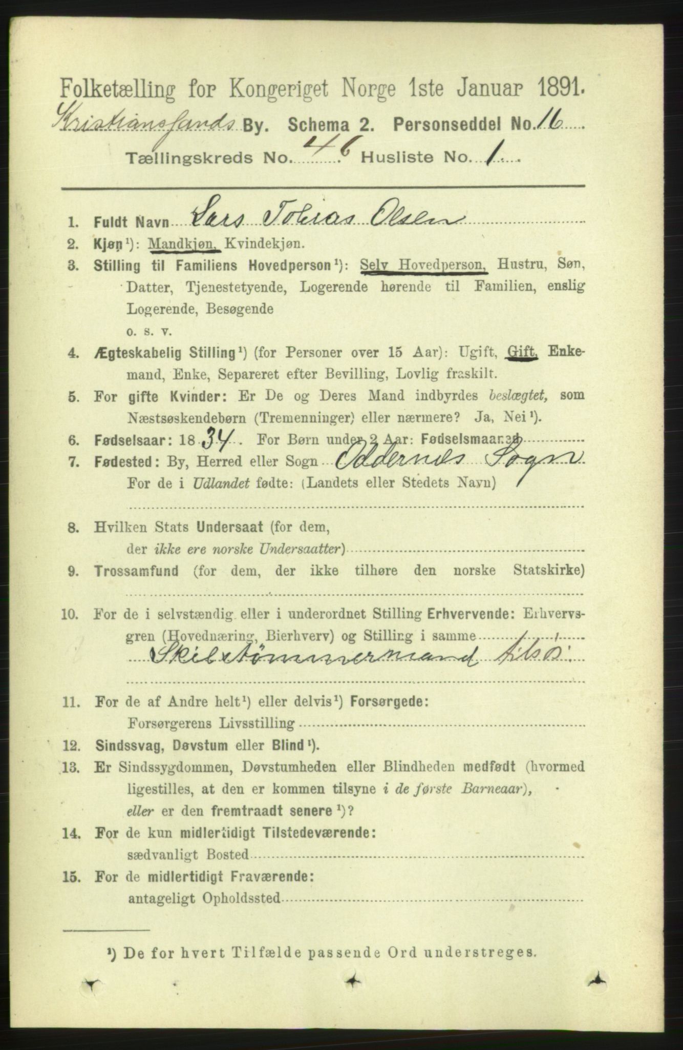 RA, 1891 census for 1001 Kristiansand, 1891, p. 14015