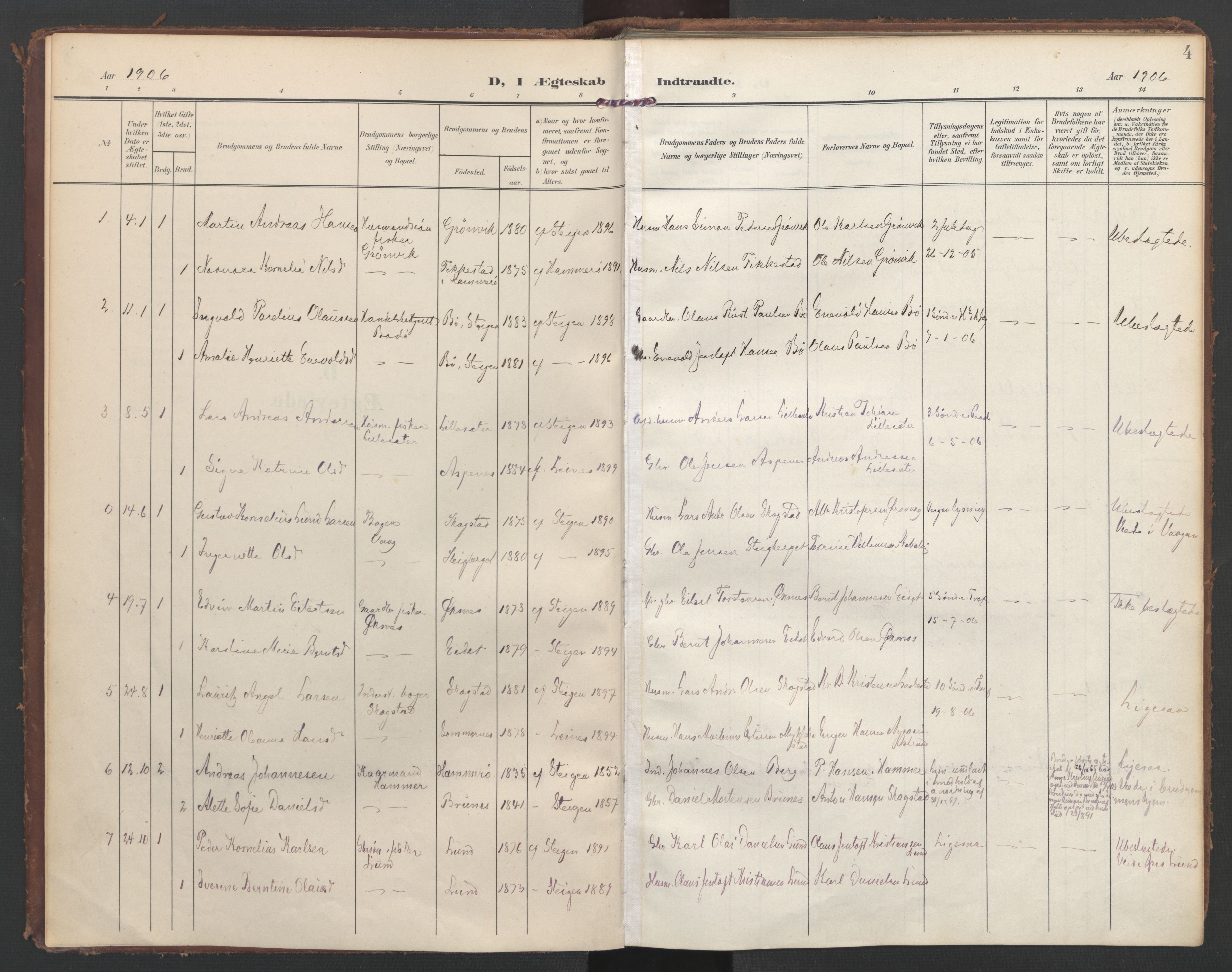 Ministerialprotokoller, klokkerbøker og fødselsregistre - Nordland, AV/SAT-A-1459/855/L0806: Parish register (official) no. 855A14, 1906-1922, p. 4